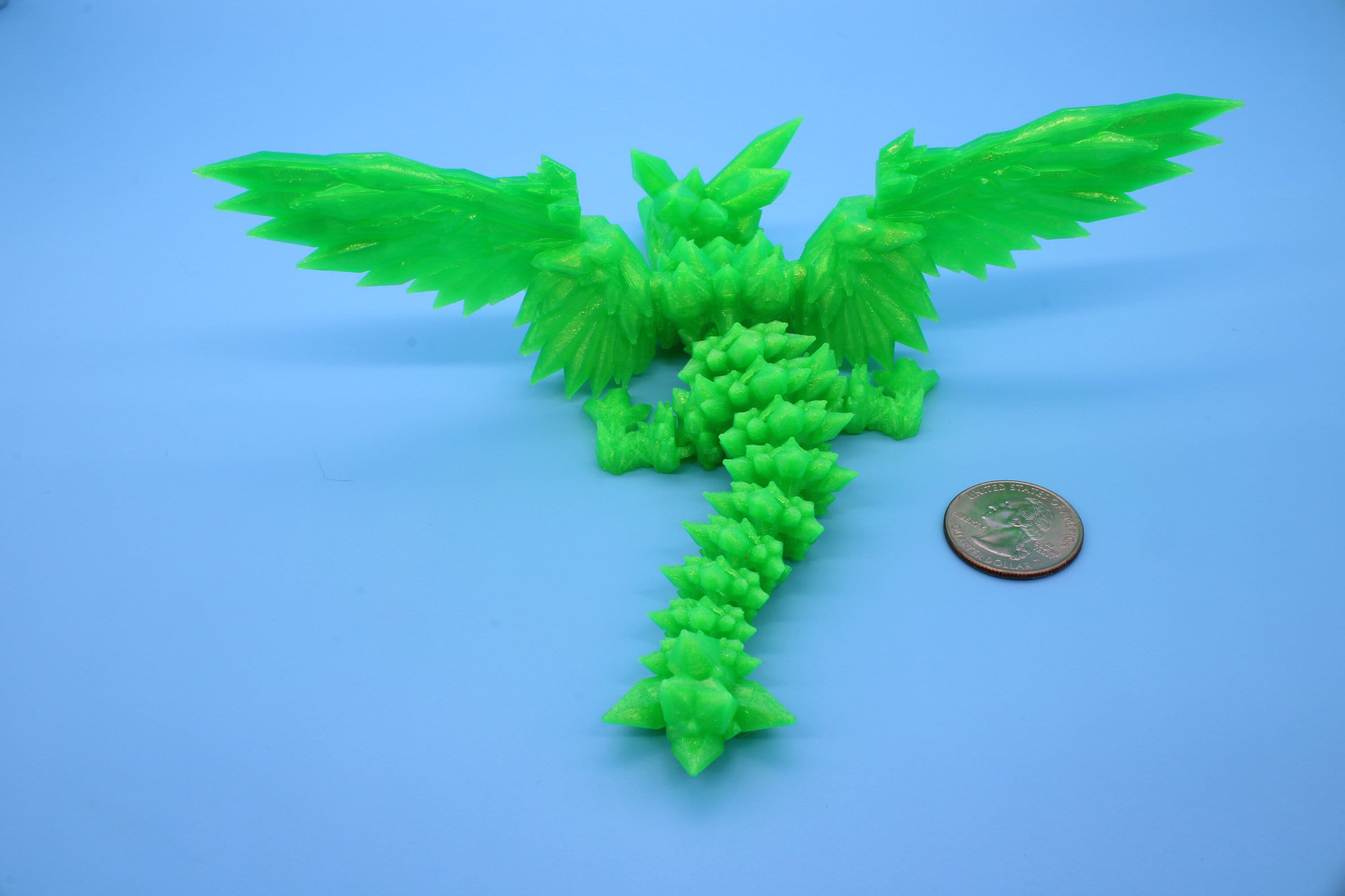Baby Crystal Wing Dragon- Green | Miniature | 3D printed | Dragon Fidget | Flexi Toy | 7 in. | Pet Dragon.