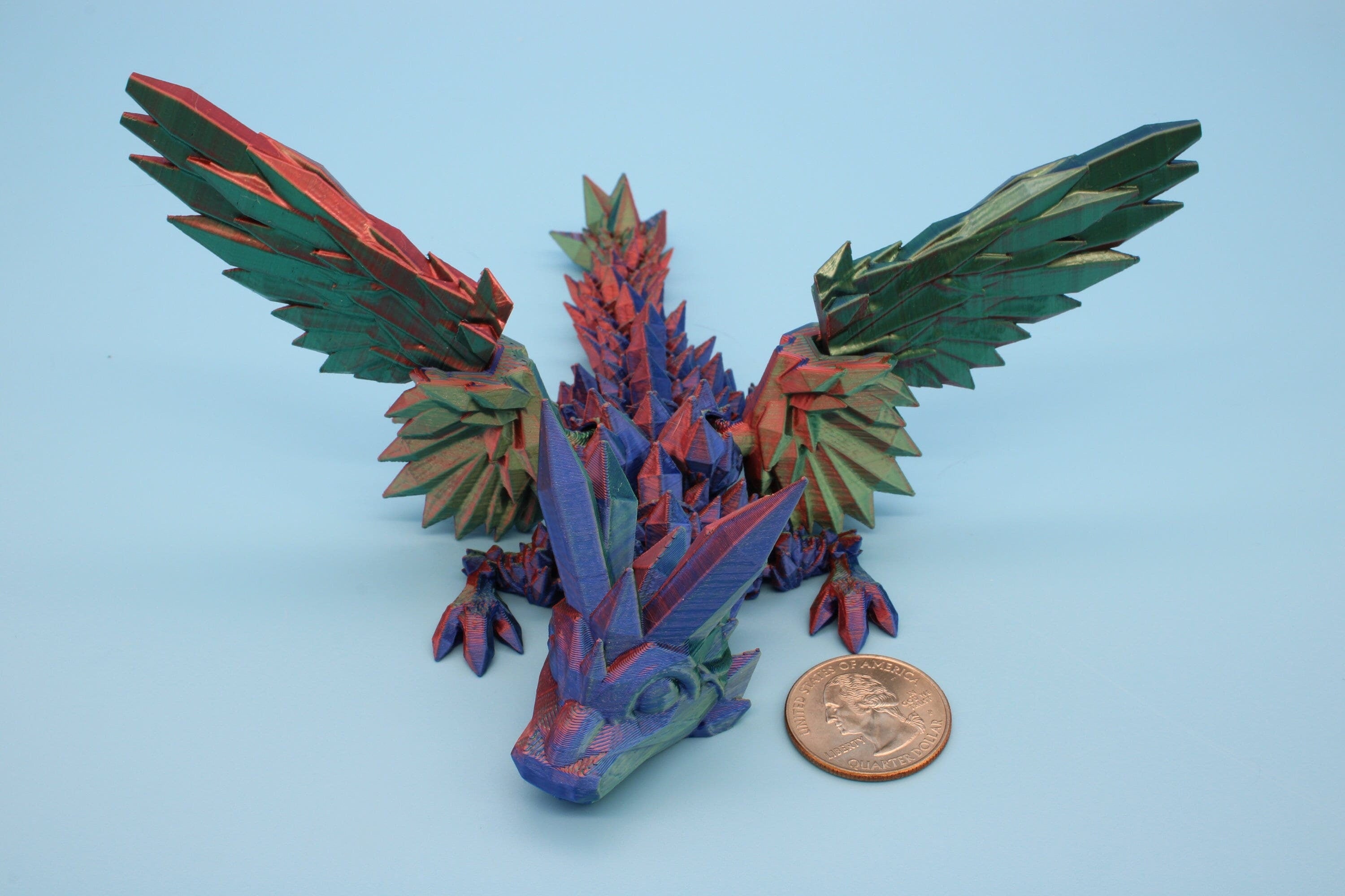Miniature Tri Color Crystal Winged Dragon | 3D printed articulating dragon Fidget | Flexi Toy 7 in. head to tail | Stress Relief Gift