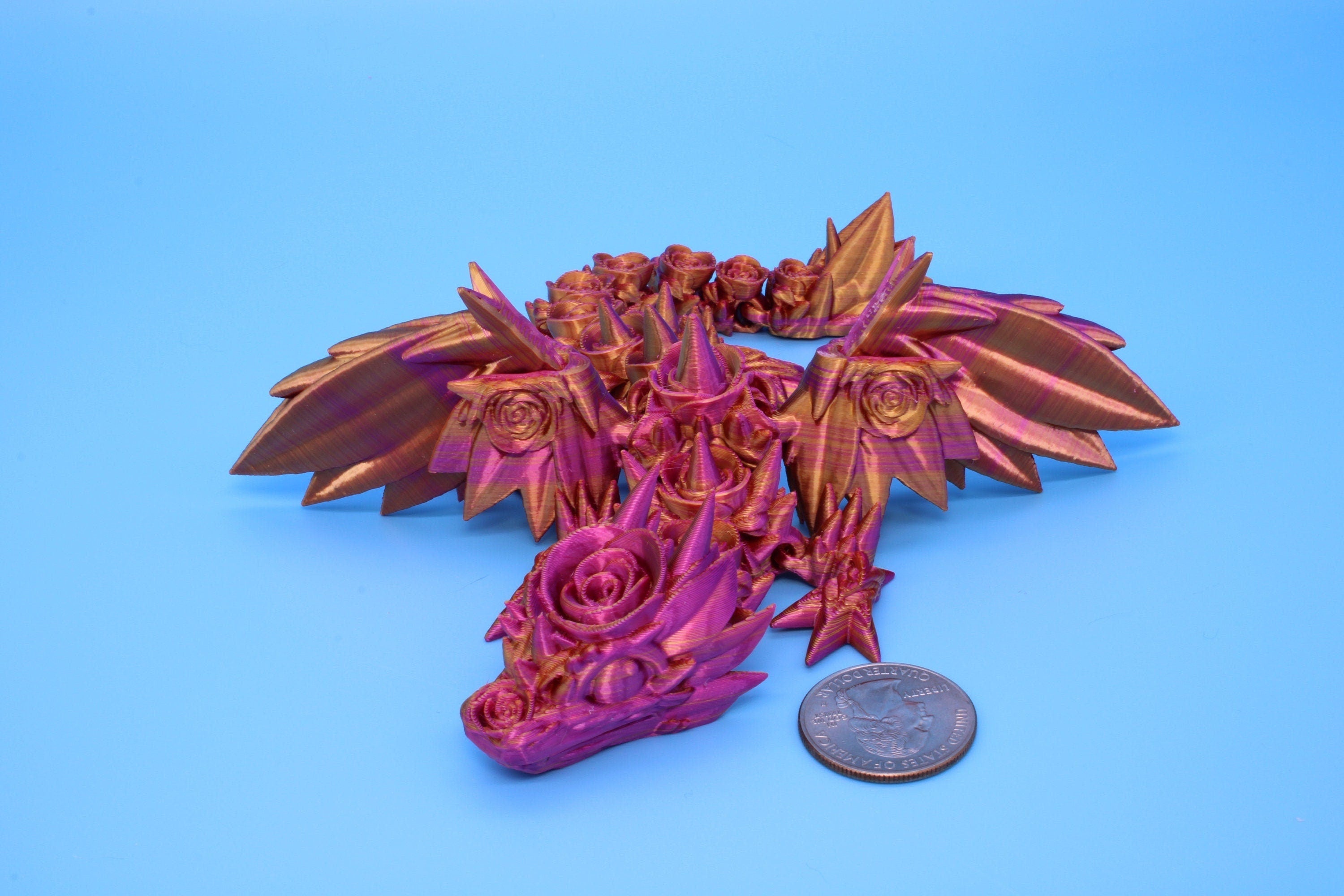 Miniature Baby Rose Wing Dragon | Pink & Gold | 3D printed articulating Toy Fidget | Flexi Toy 8.5 in. head to tail | Stress Relief Gift