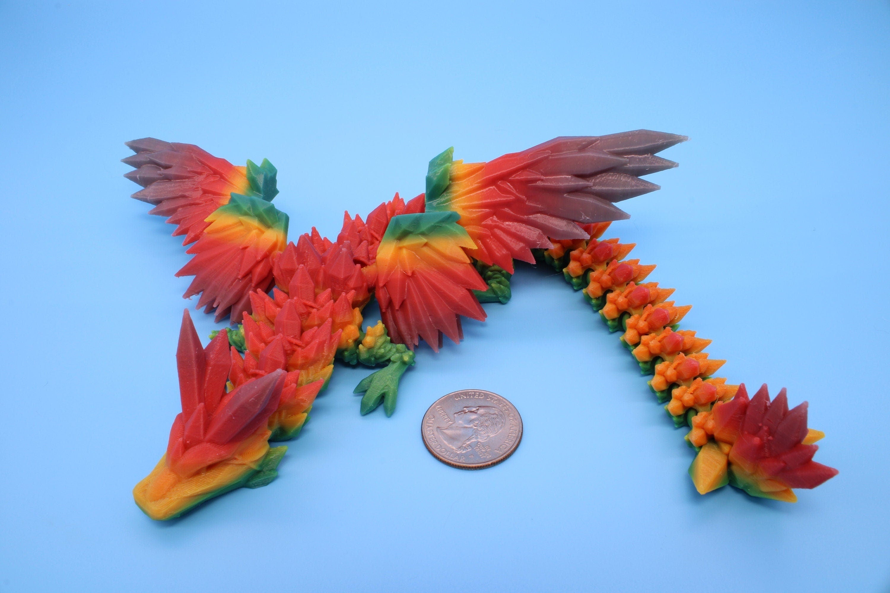 Miniature Rainbow Adult Crystal Winged Dragon | Crystal Wing Dragon 3D printed articulating dragon | Fidget Flexi Toy, 10.5in. Stress Relief