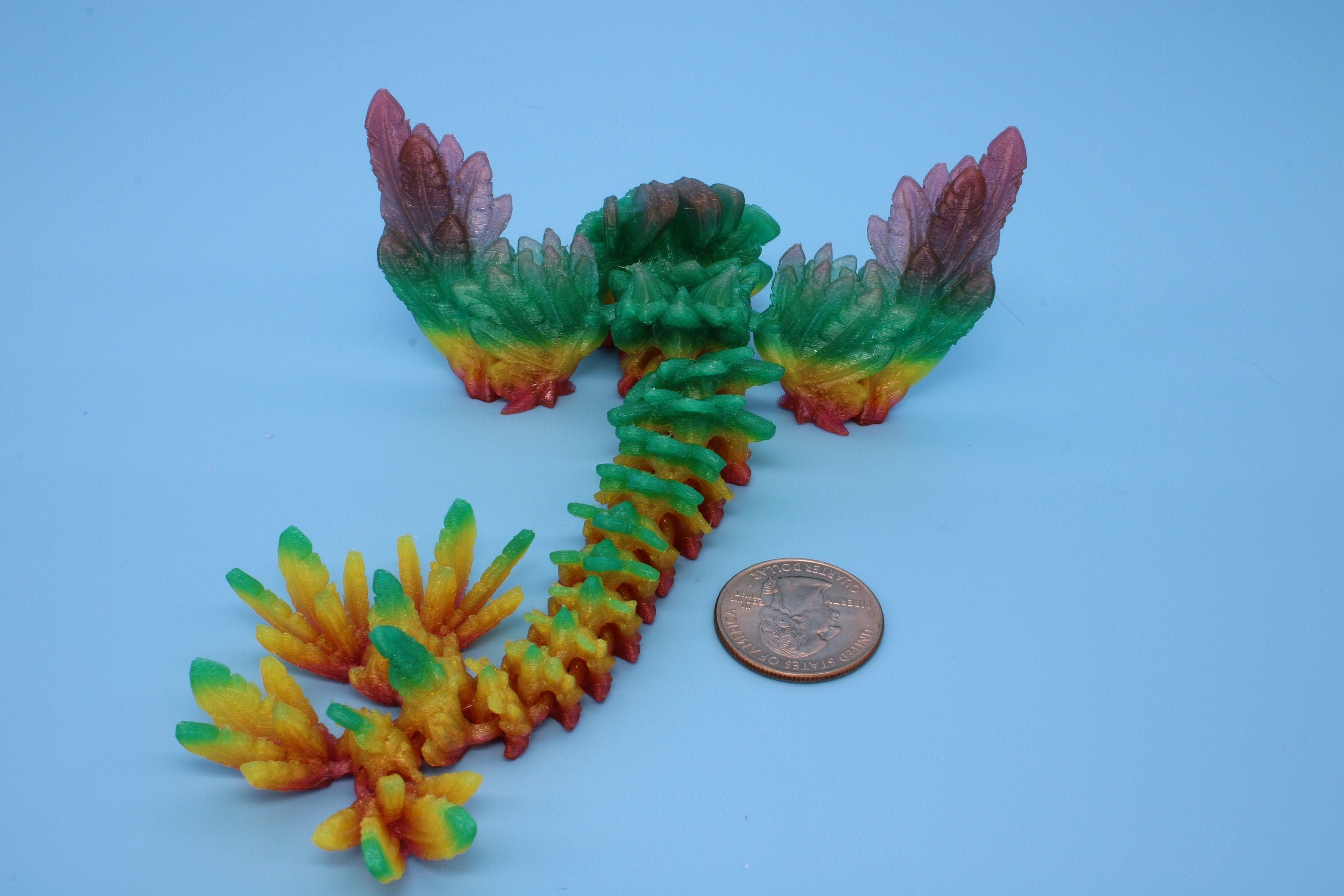 Miniature Baby Flying Serpent Dragon Rainbow 3D printed articulating Toy Fidget Flexi Toy 7 in. head to tail Stress Relief Gift