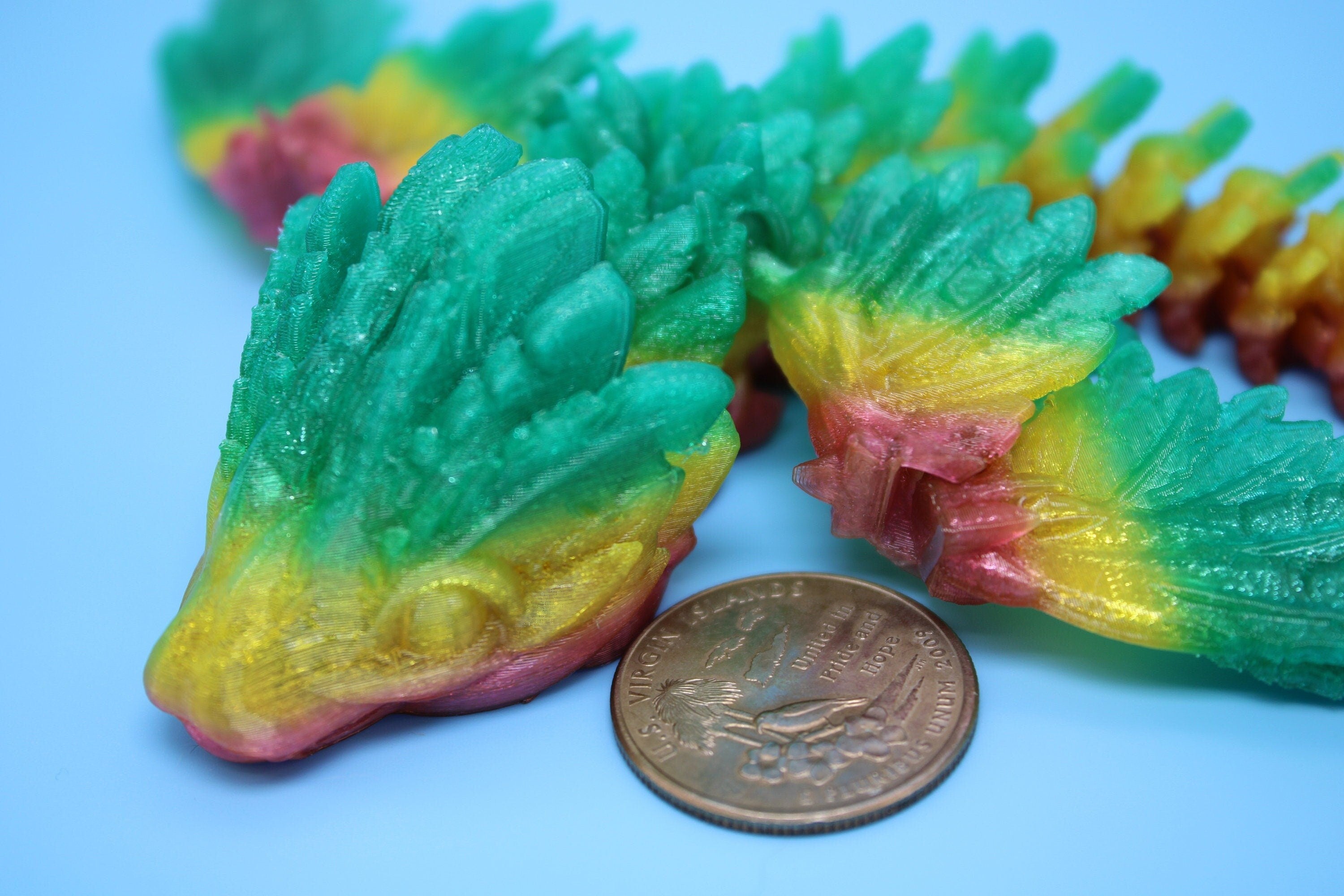 Flexible Miniature Baby Flying Serpent Dragon Rainbow 3D printed articulating Toy Fidget Flexi Toy 7 in. head to tail Stress Relief Gift