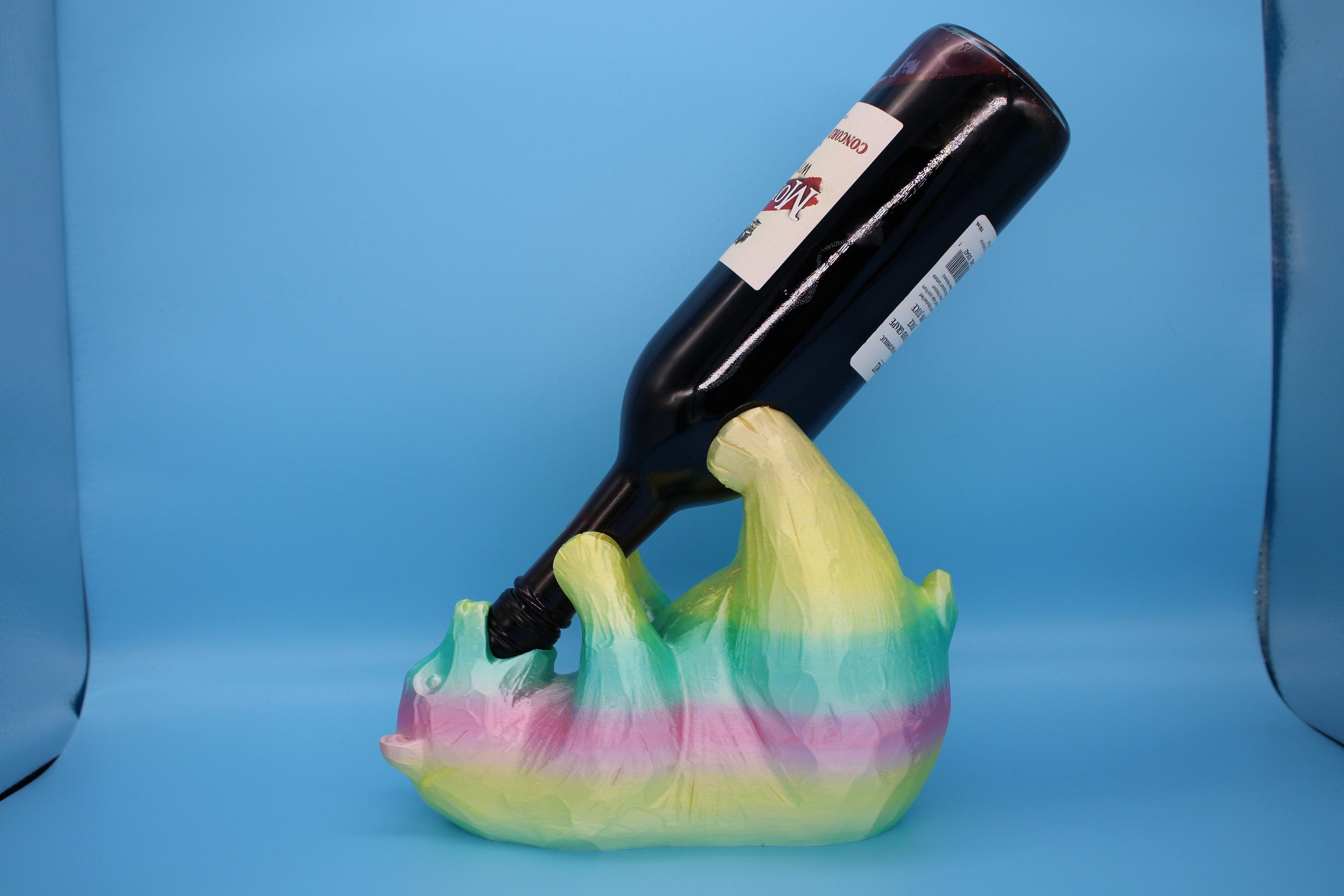 Rainbow Cute Bear Wine Bottle Holder Display. 3D Printed. Holds Wine Bottles 750ml, Looks Amazing on display.
