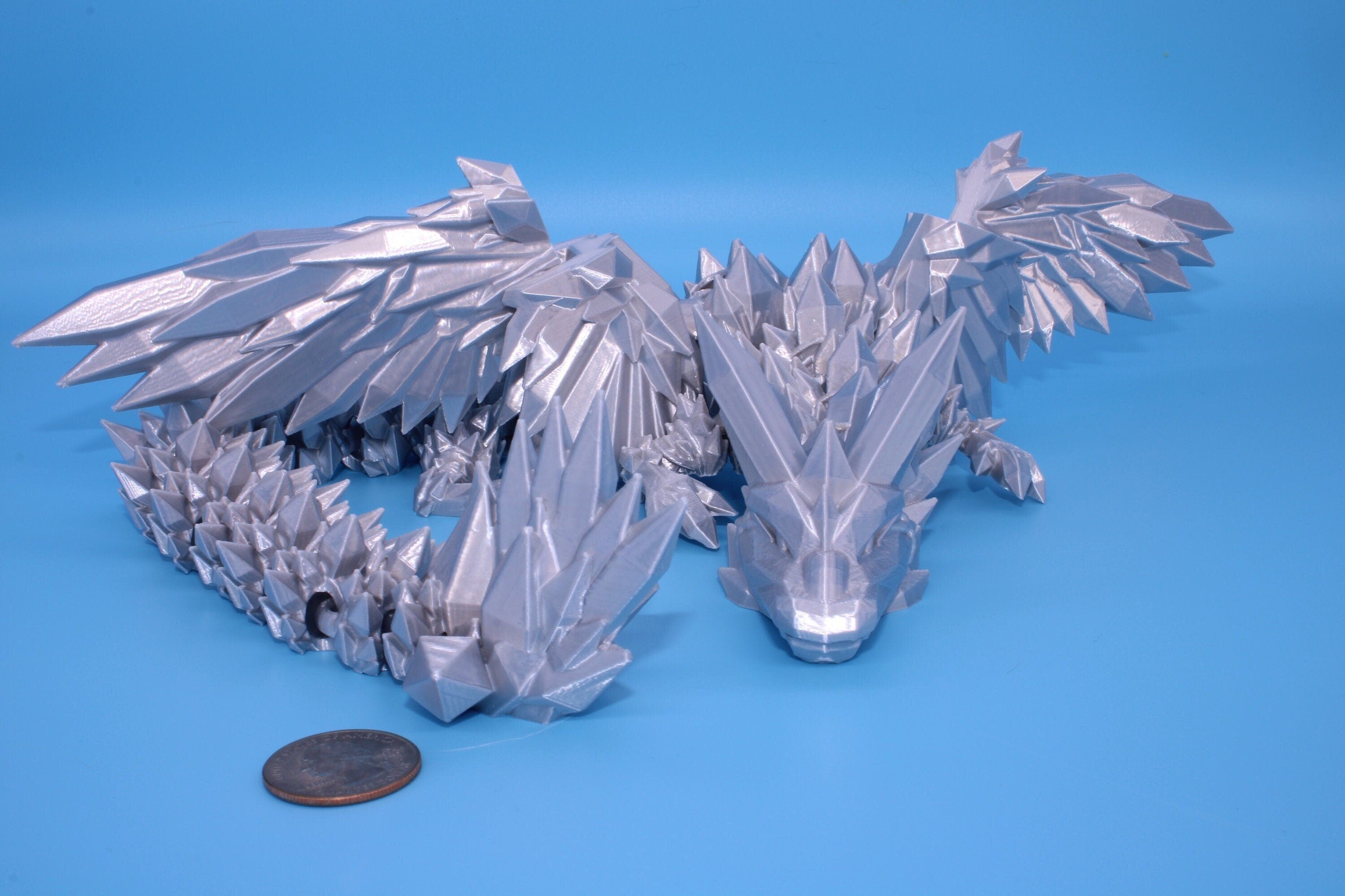 Silver color Crystal Winged Dragon | Crystal Winged Dragon 3D printed | Articulating Dragon Fidget | Flexi Toy 18 in. | Stress Relief, Gift.