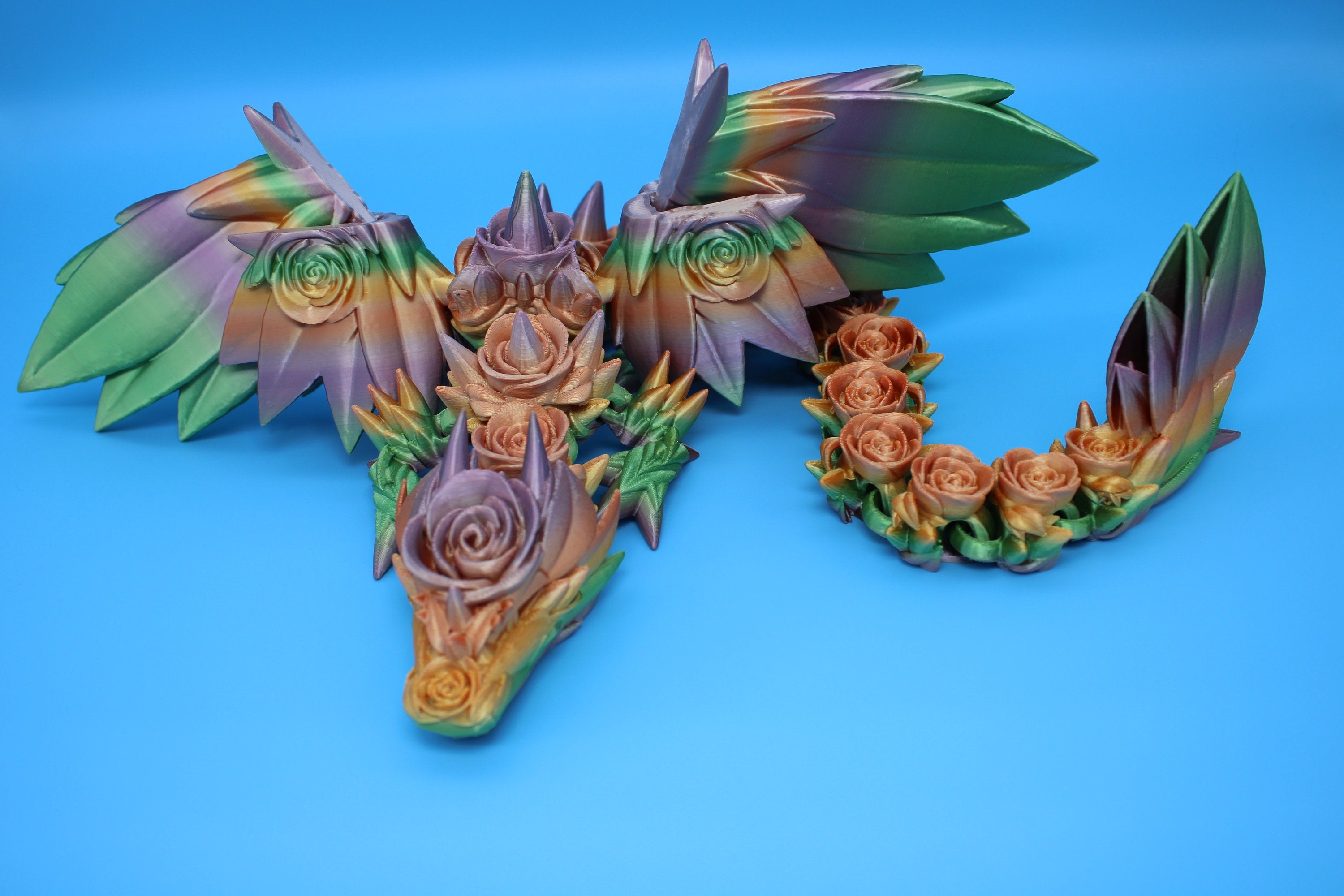 Rose Wing Dragon- Rainbow | Articulating Dragon | 3D Printed Fidget | 19 in.