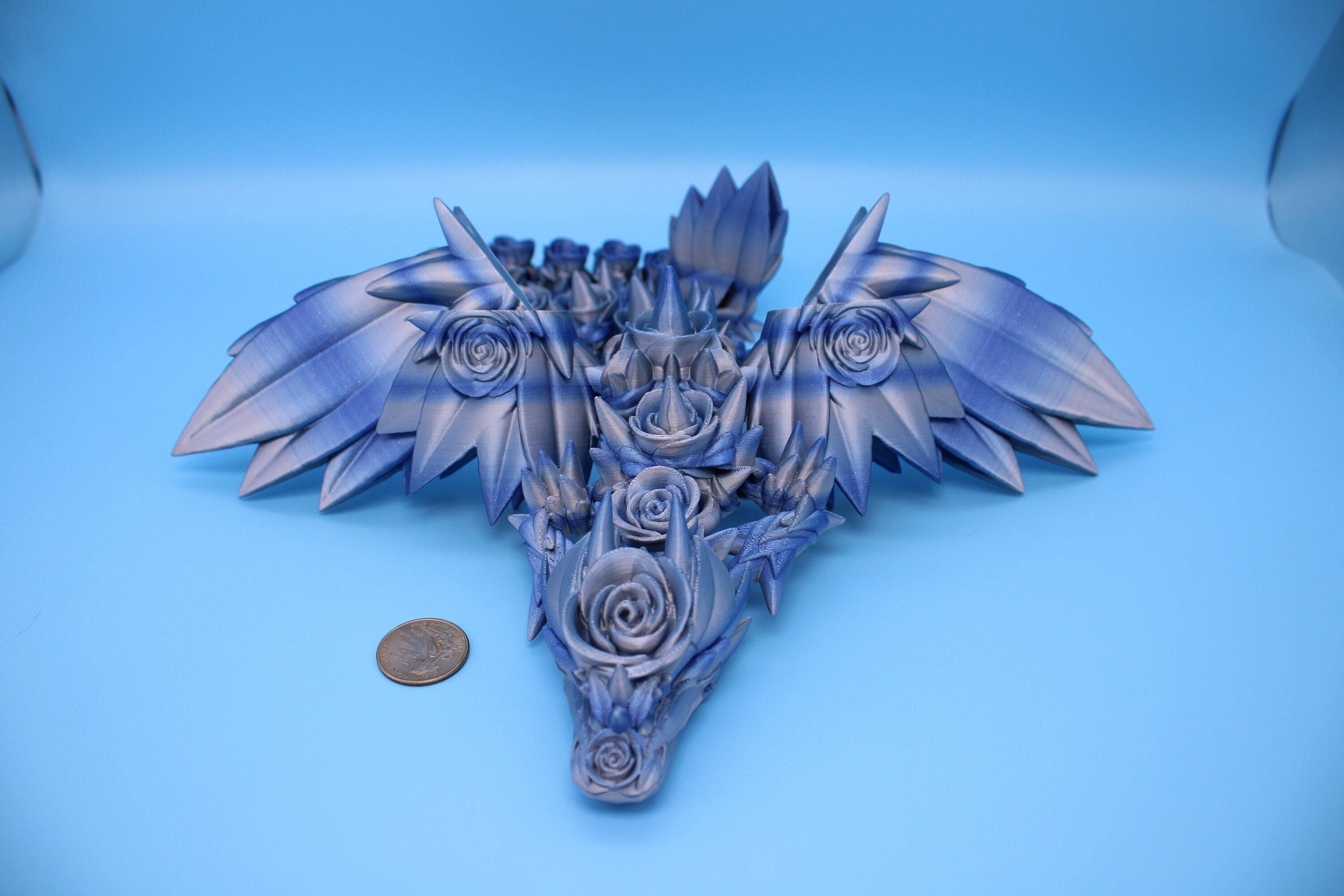Blue / Silver Rose Wing Articulating Dragon | 3D Printed Fidget | Flexi Toy | Adult Fidget Toy | Sensory Desk Toy | 19 in. | Valentines Day