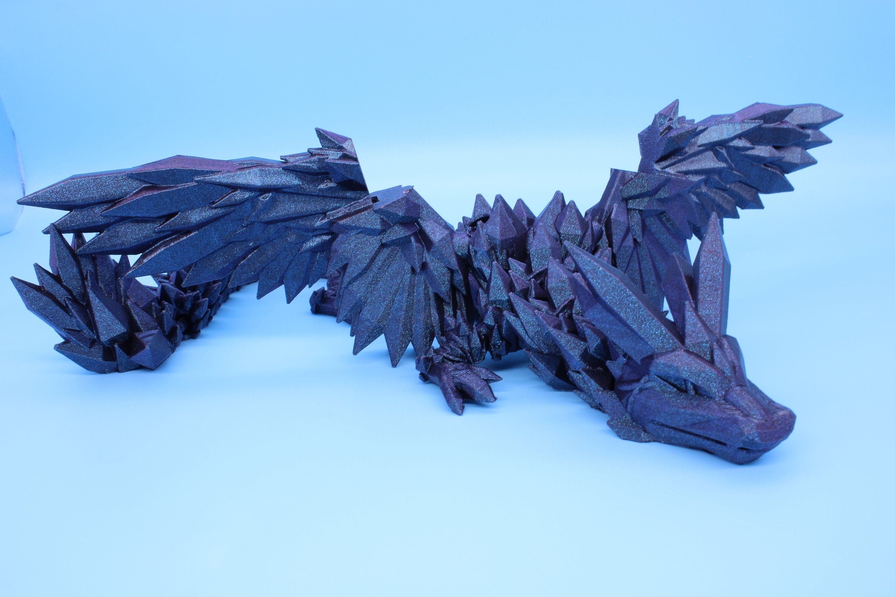 18 in. "Burnt Titanium" Crystal Winged Dragon | Crystal Wing Dragon 3D printed | articulating dragon | Flexi Toy | Stress Relief Gift |