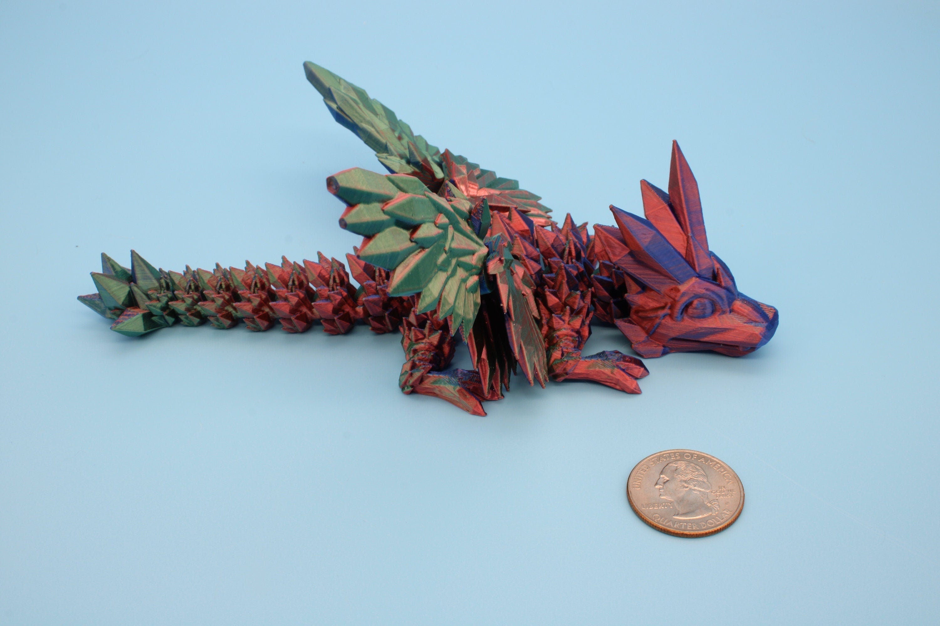 Miniature Tri Color Crystal Winged Dragon | 3D printed articulating dragon Fidget | Flexi Toy 7 in. head to tail | Stress Relief Gift