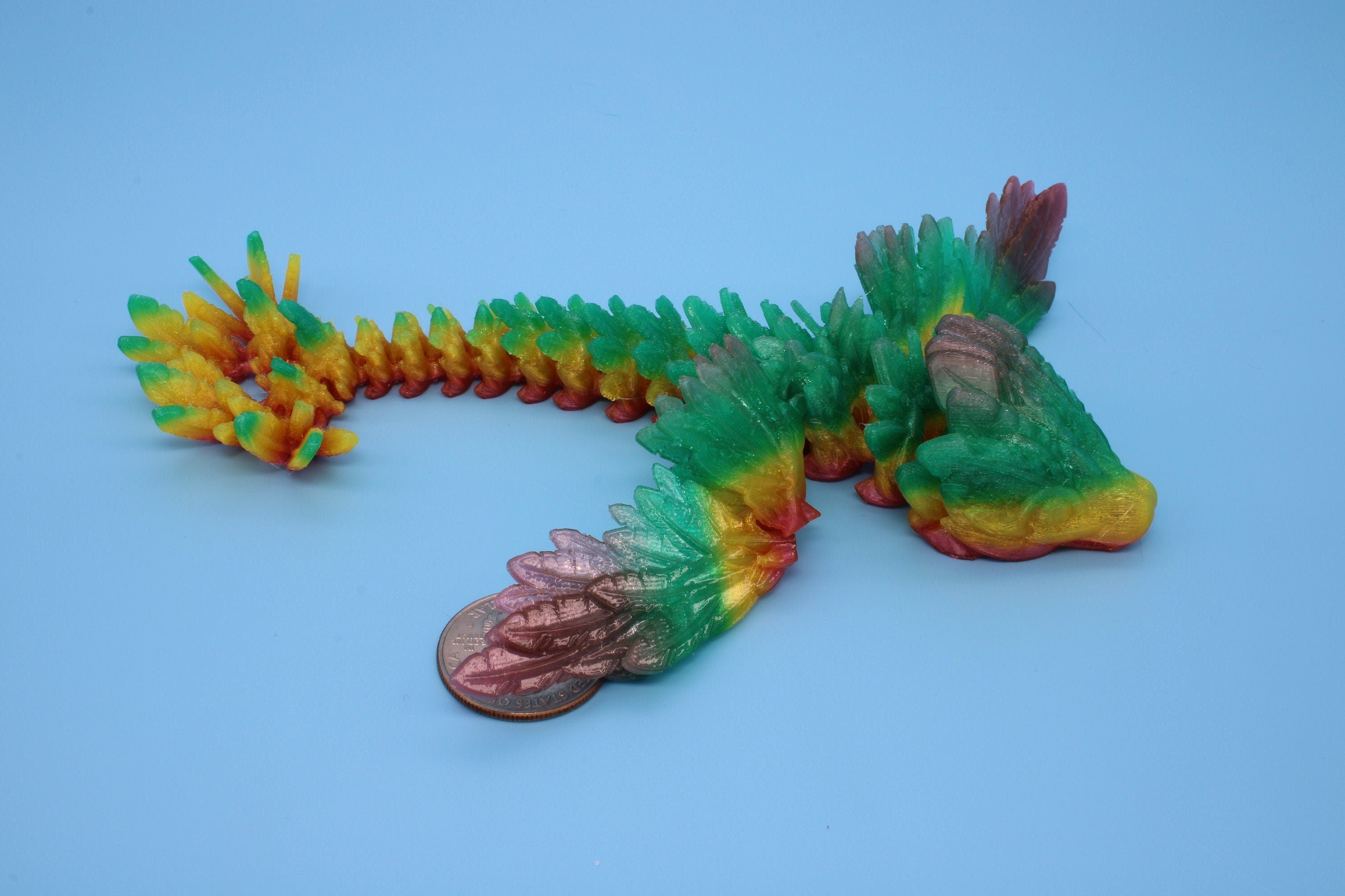 Miniature Baby Flying Serpent Dragon Rainbow 3D printed articulating Toy Fidget Flexi Toy 7 in. head to tail Stress Relief Gift