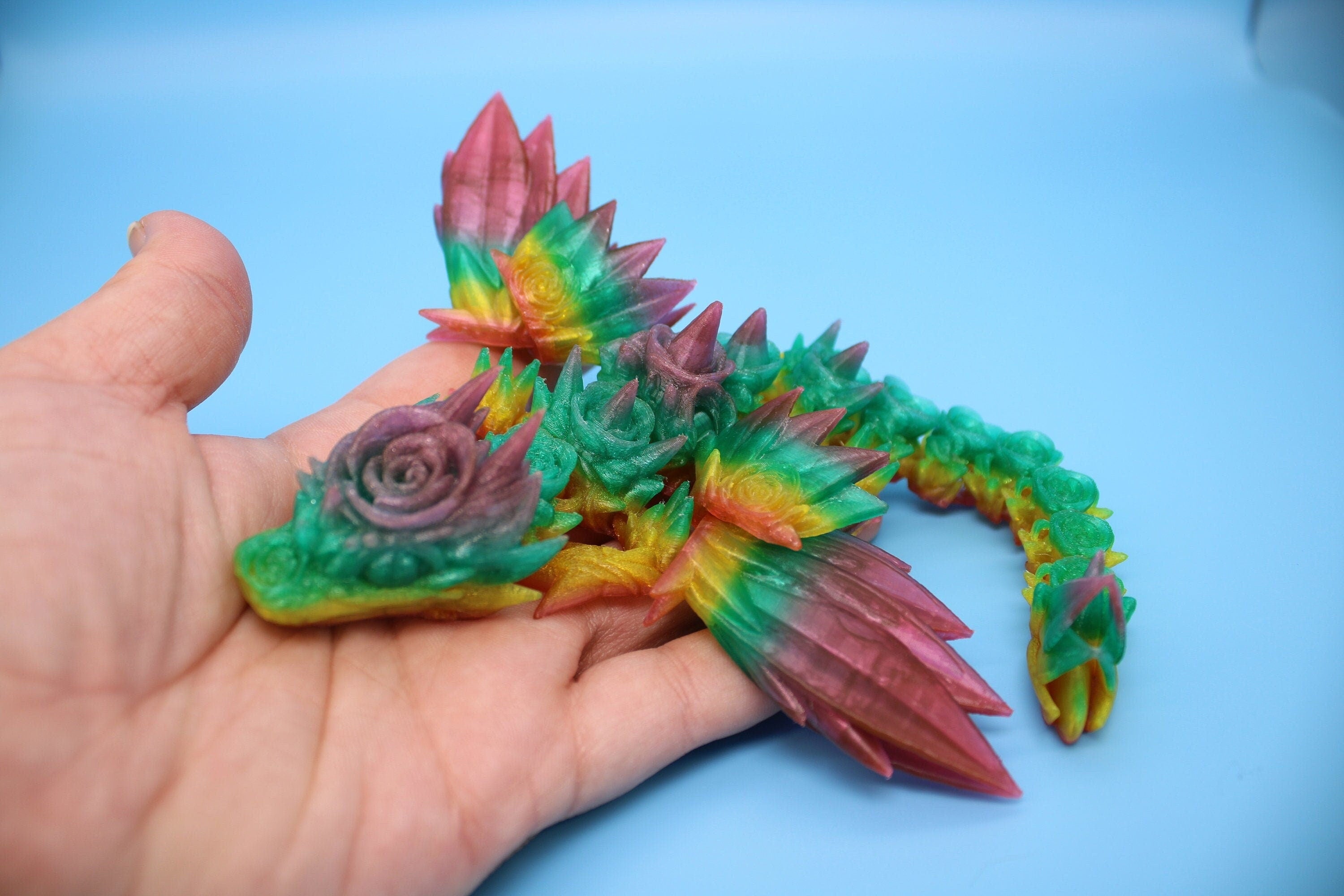 Flexible Miniature Baby Rose Wing Dragon | Rainbow | 3D printed articulating Toy Fidget | Flexi Toy 8.5 in. head to tail | Stress Relief.