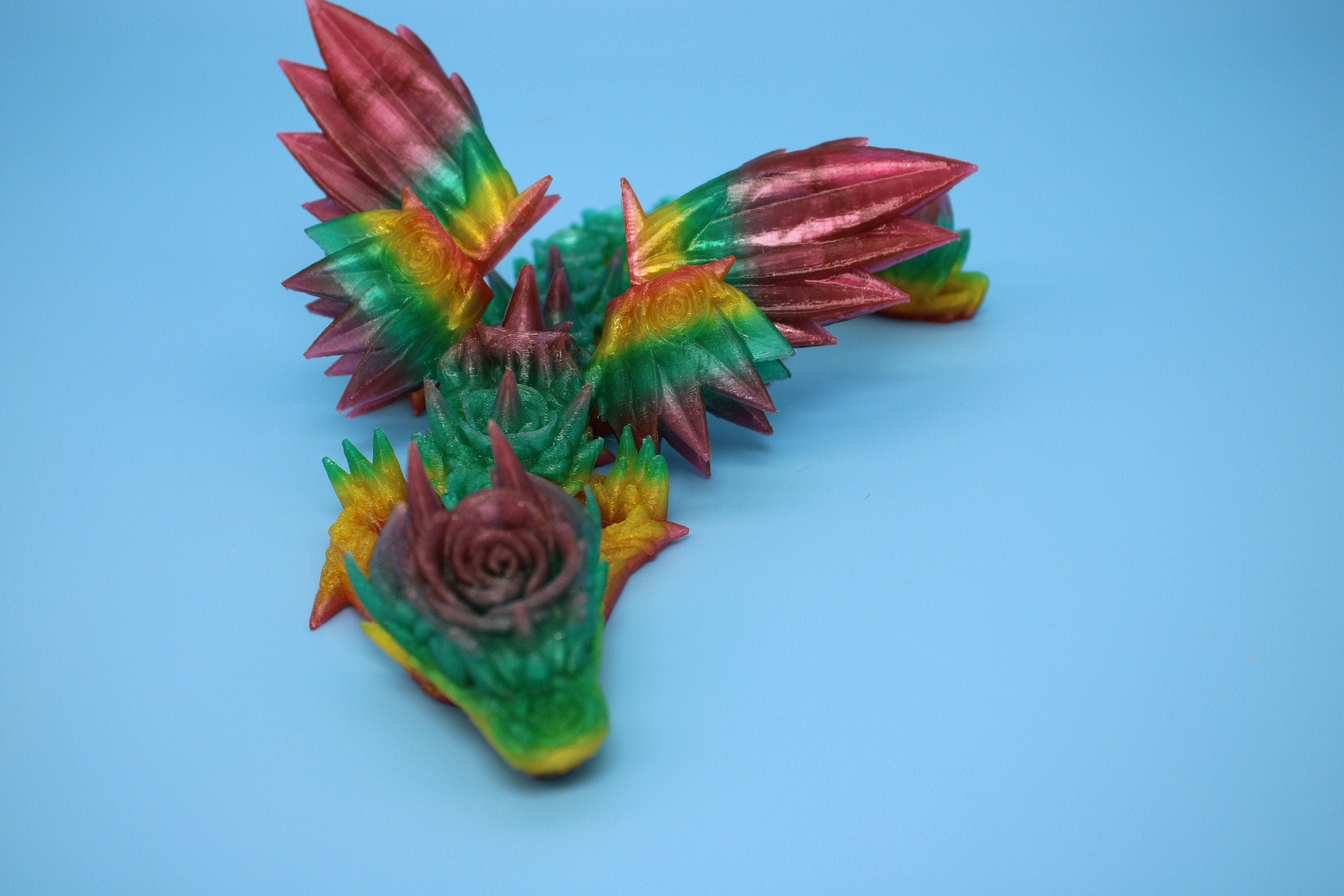 Flexible Miniature Baby Rose Wing Dragon | Rainbow | 3D printed articulating Toy Fidget | Flexi Toy 8.5 in. head to tail | Stress Relief.