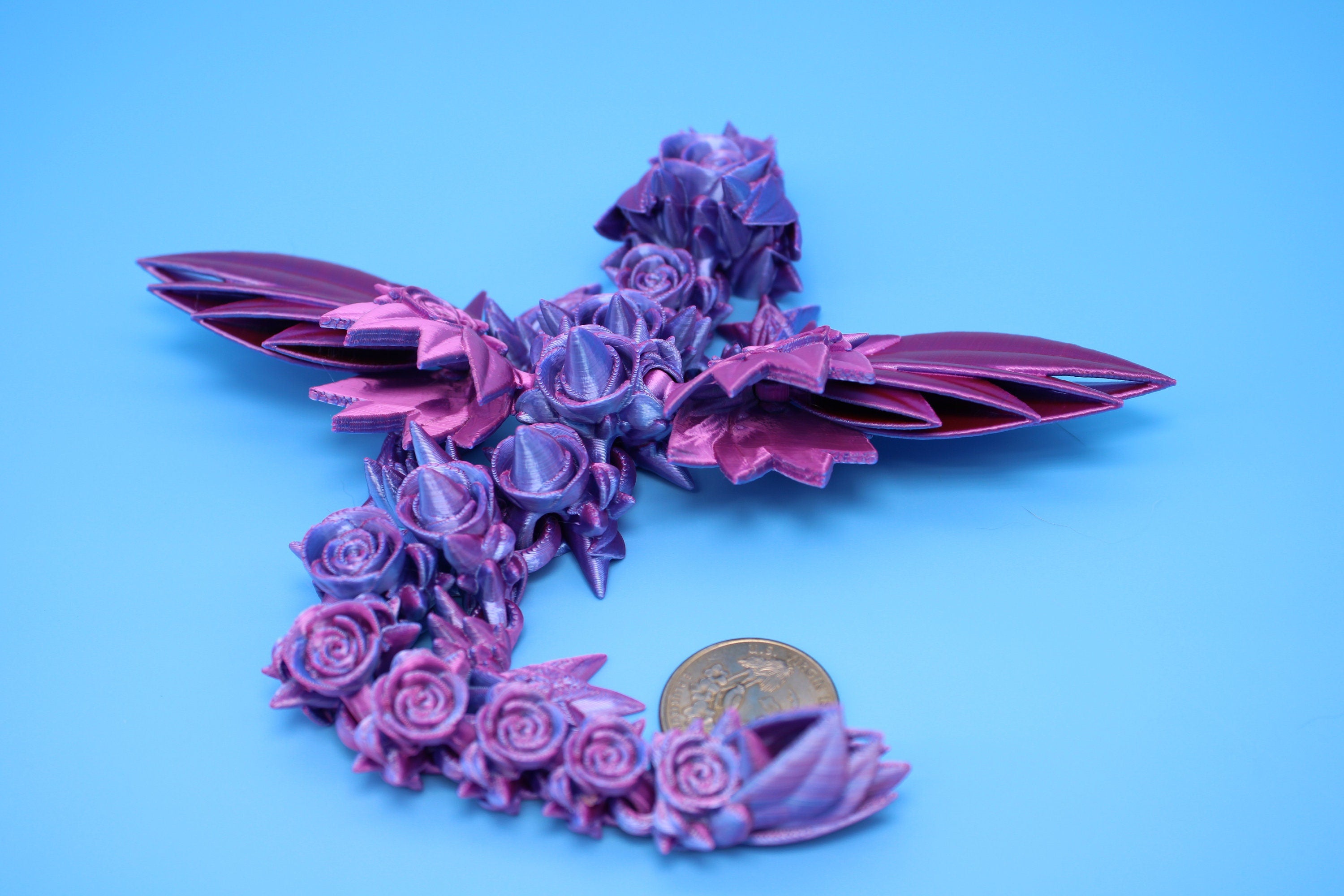 Baby Rose Wing Dragon | Blue / Pink | 3D Printed | Fidget | Flexi Toy 8.5 in. | Stress Relief Gift