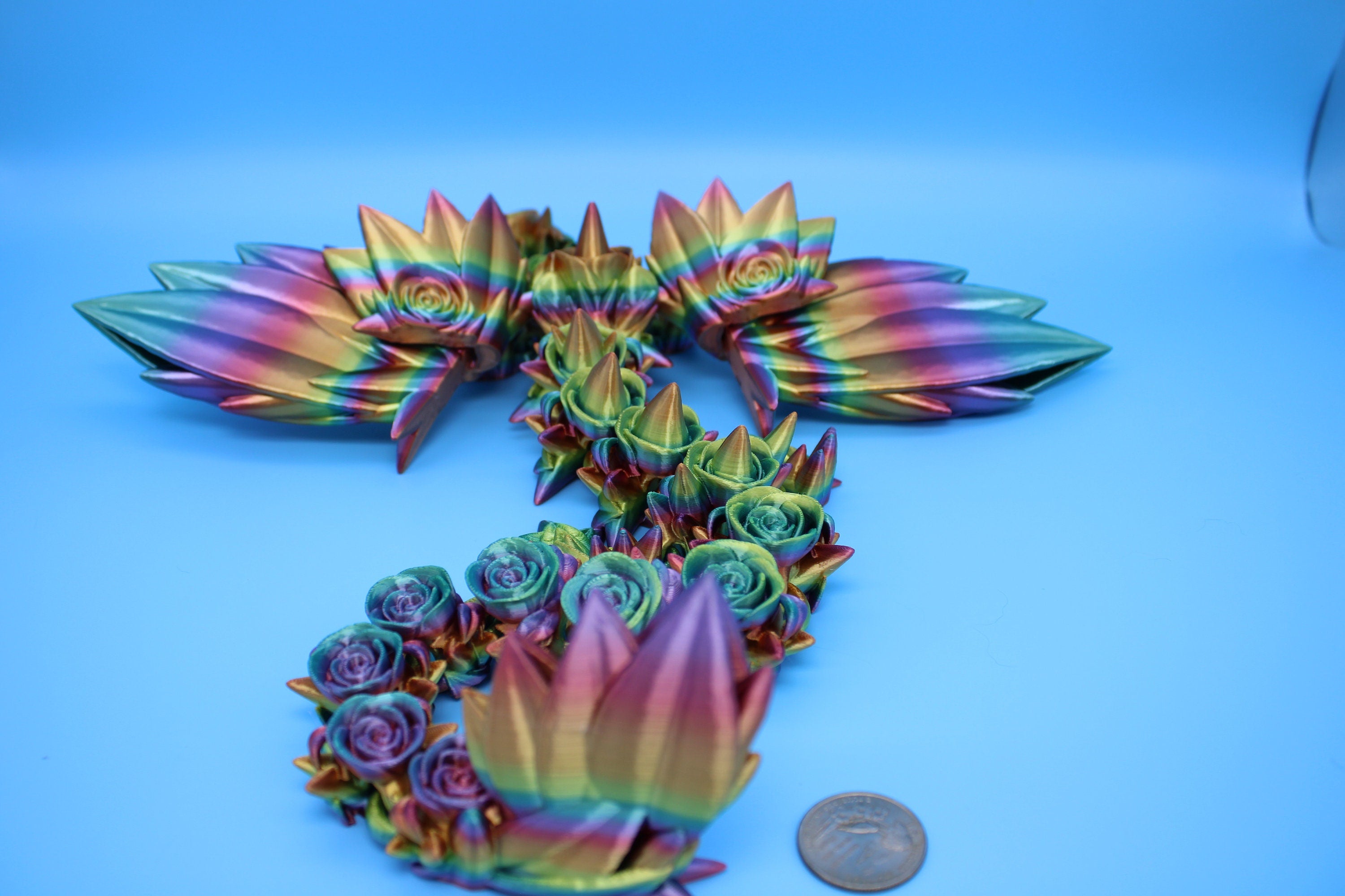 Rose Wing Dragon- Rainbow | Articulating Dragon | 3D Printed Fidget | 19 in.