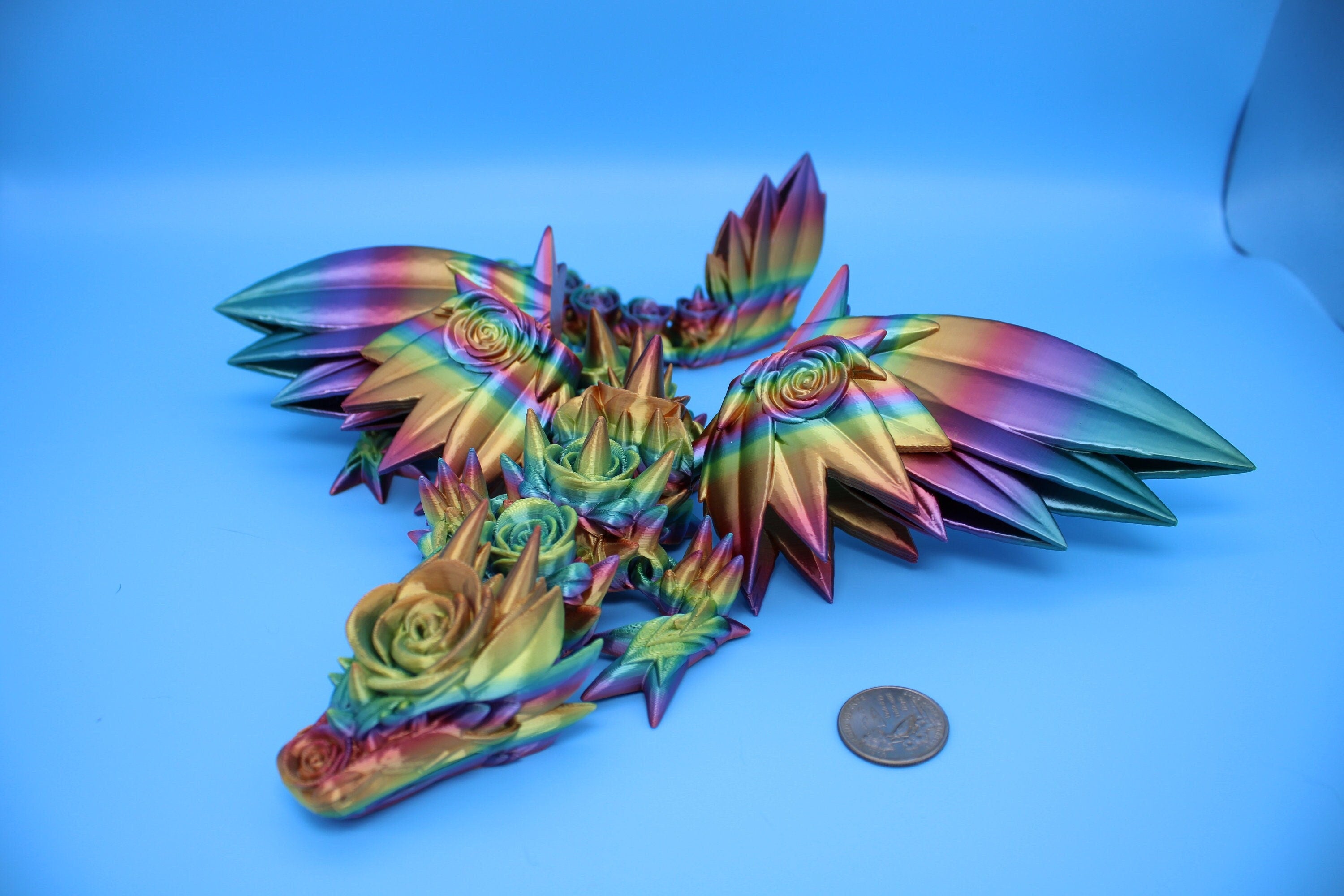 Rose Wing Dragon- Rainbow | Articulating Dragon | 3D Printed Fidget | 19 in.