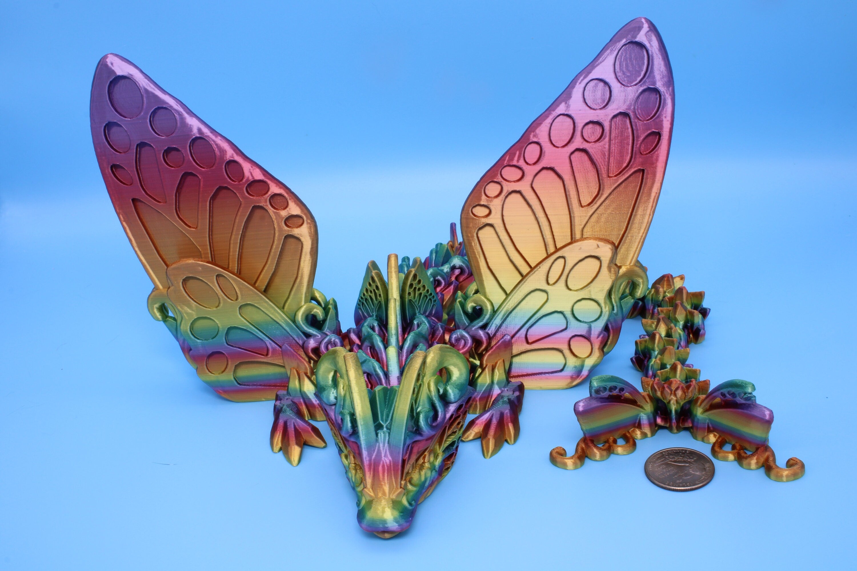 Butterfly Wing Dragon | Rainbow | Butterfly Wing Dragon | 3D printed | Articulating Dragon | Fidget Toy | Flexi Toy | 18 in