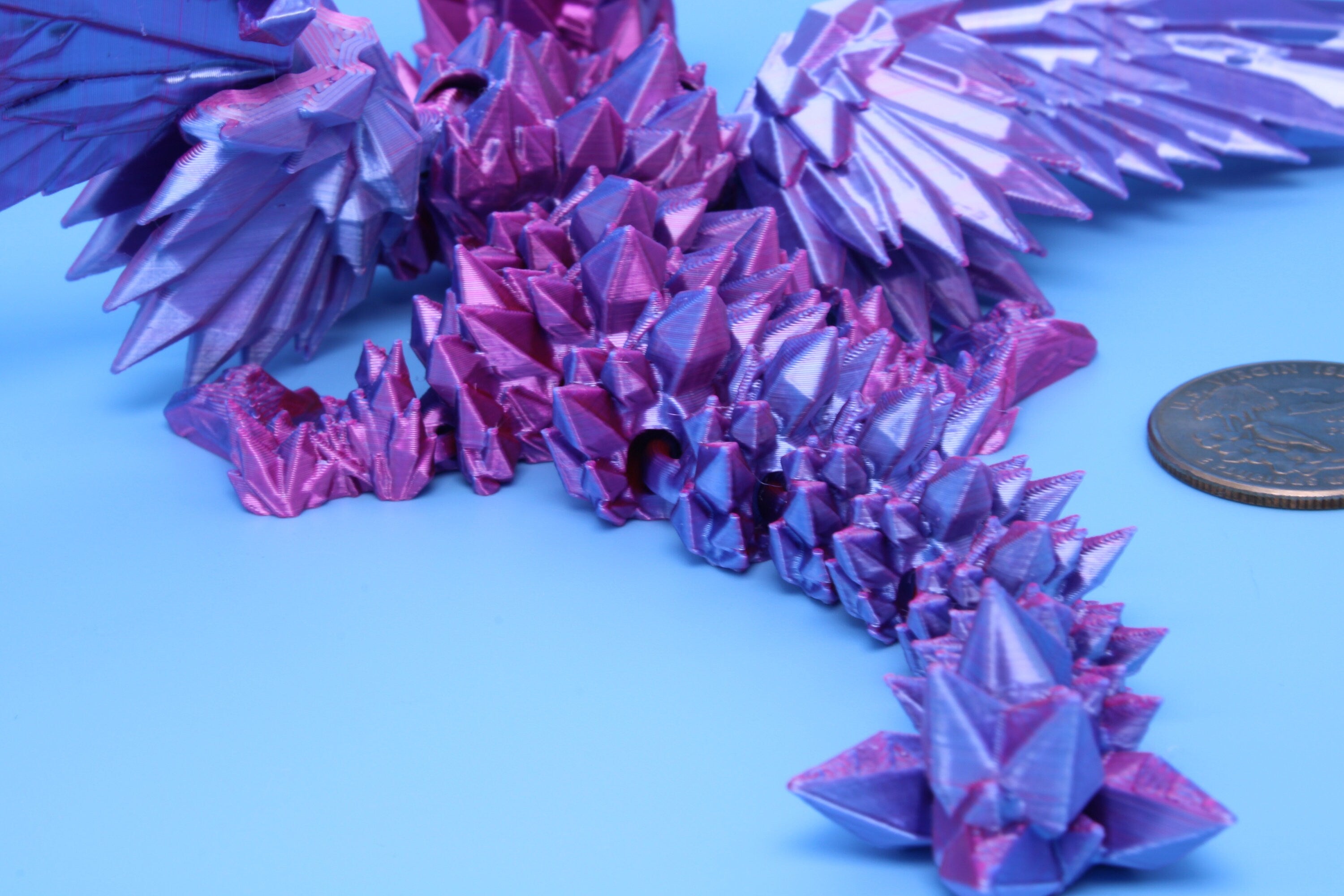 Baby Crystal Wing Dragon- Blue, Pink & Purple Tones | Miniature | 3D printed | Dragon Fidget | Flexi Toy | 7 in. | Pet Dragon.
