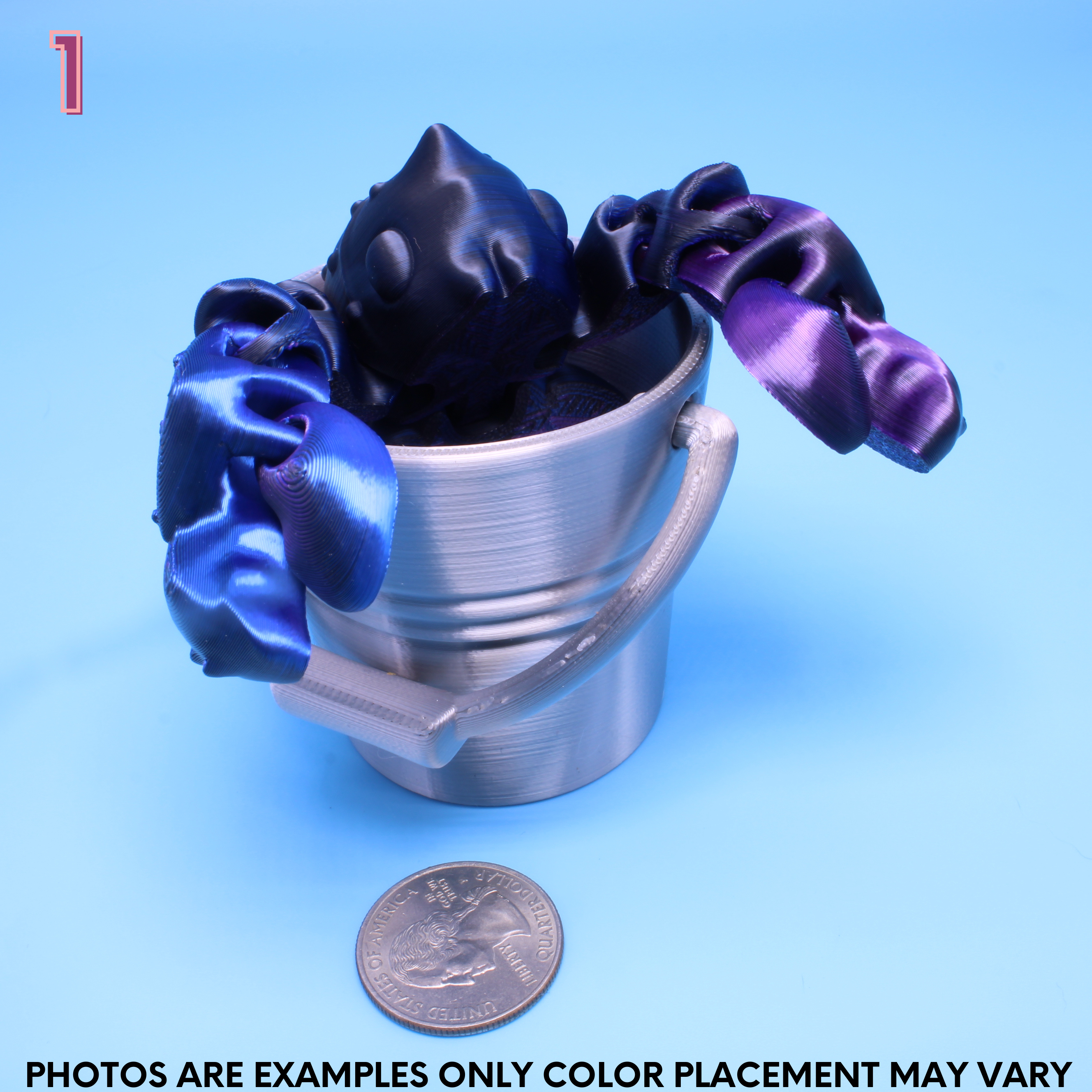 black, blue, purple lobster in a silver bucket