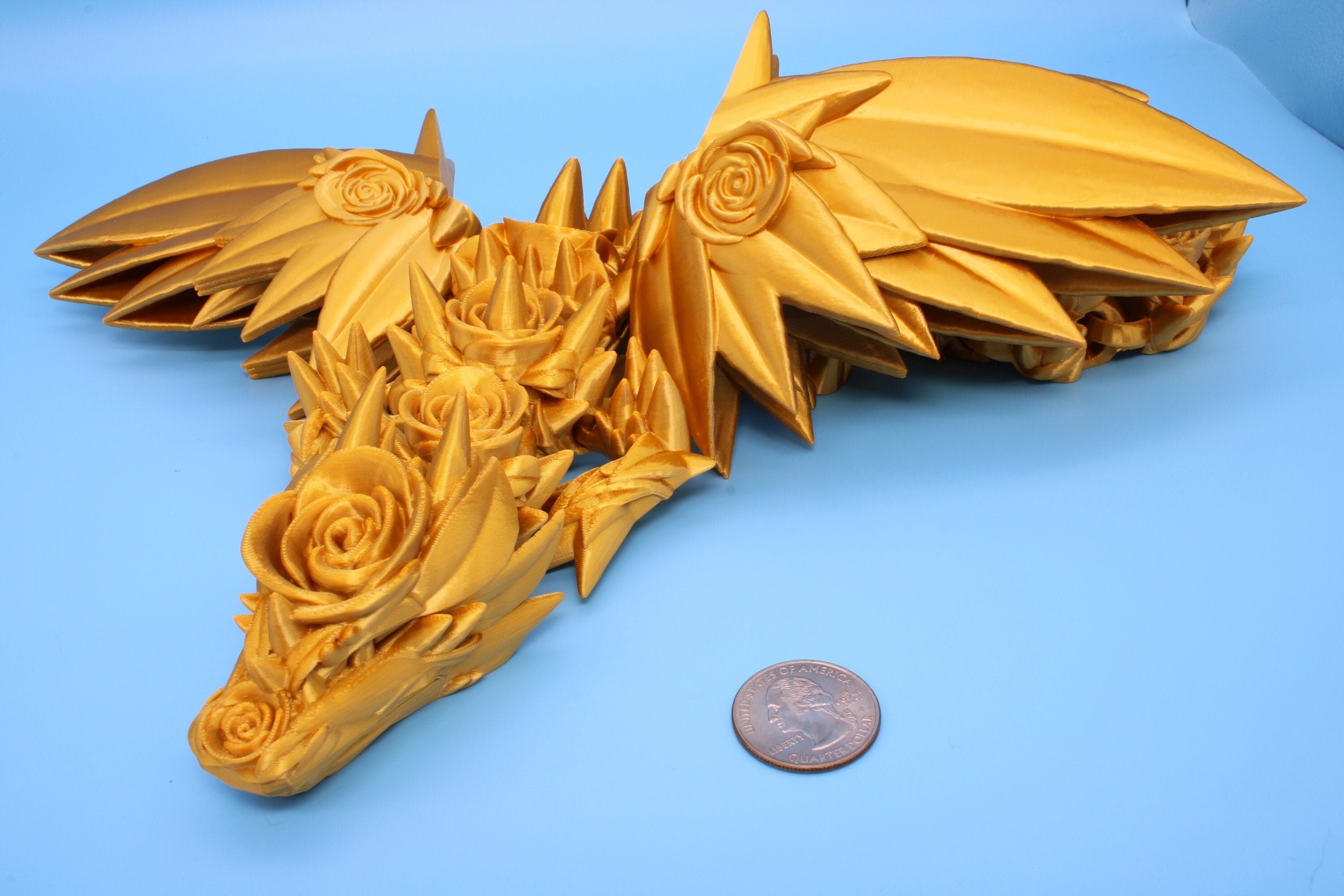 Rose Wing Dragon- Gold | 3D Printed Fidget | Flexi Toy | Adult Fidget Toy |  Sensory Desk Toy | 19 in. | Valentines Day