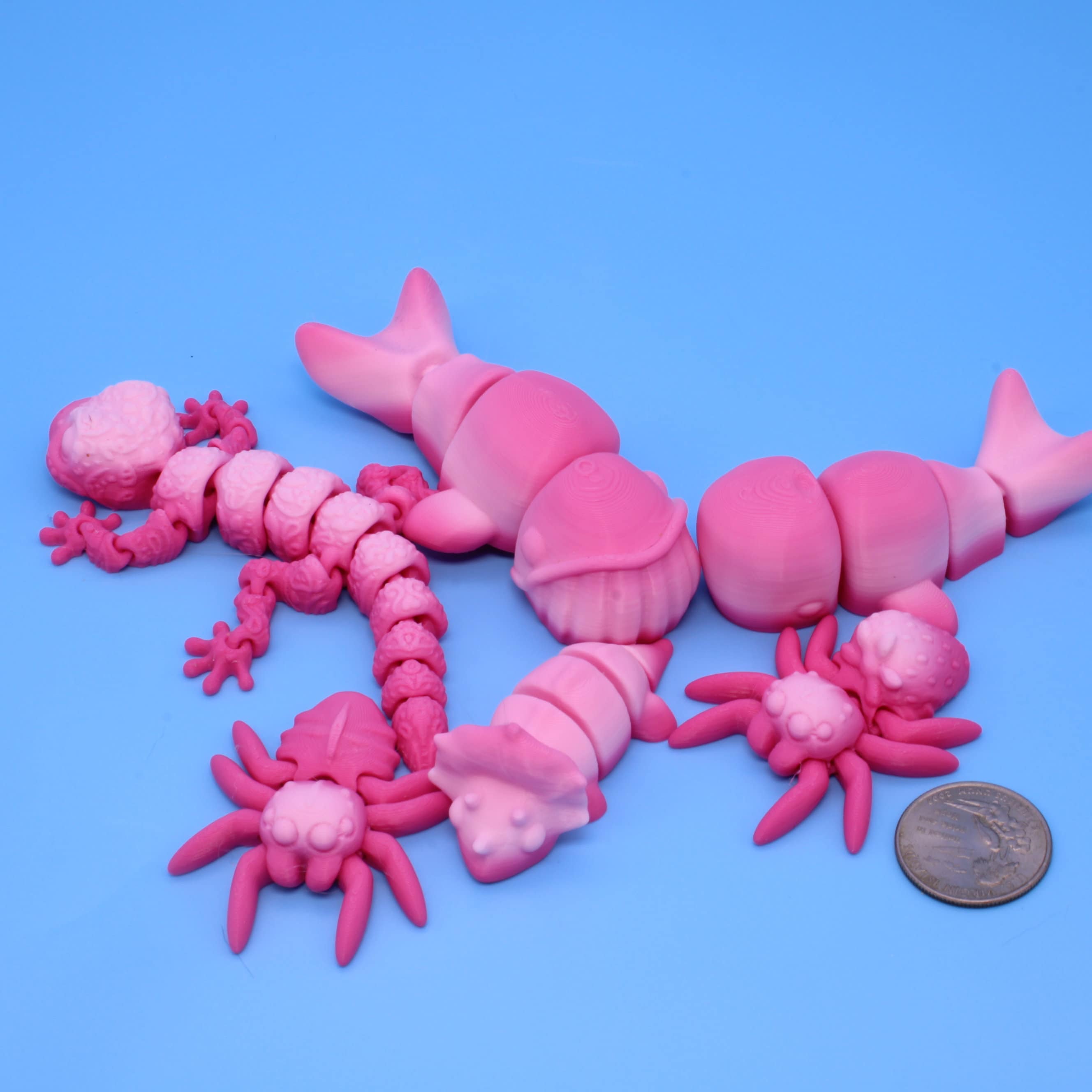 Mixed Lot of Pink Random Gradient, Spiders, Geckos, Whales, & Triceratops | 3D Printed