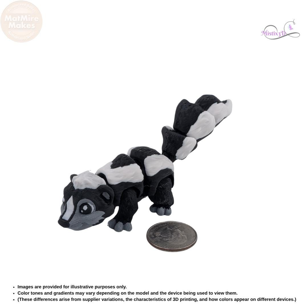Articulated 3D Printed Skunk Figurine, Posable Animal Toy, Black and White