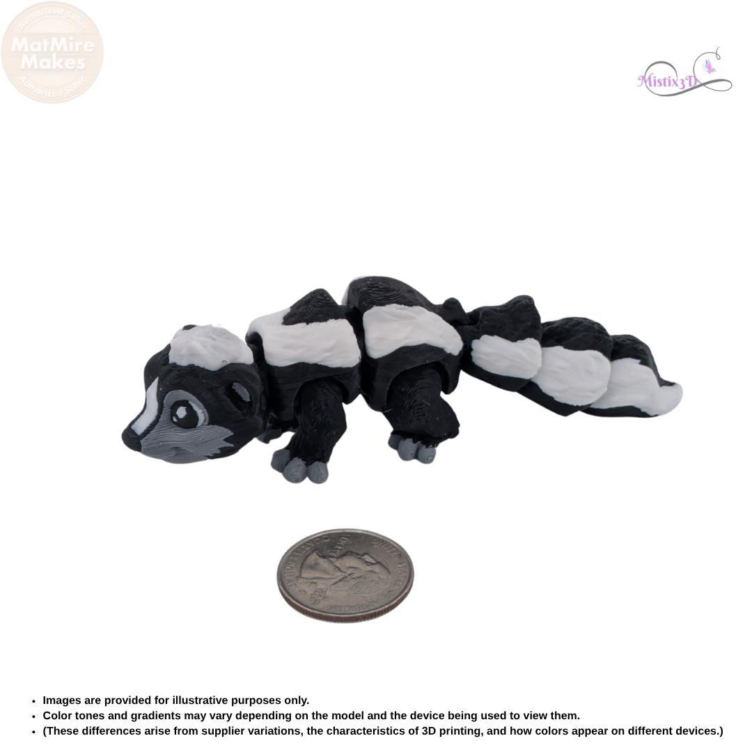 Articulated 3D Printed Skunk Figurine, Posable Animal Toy, Black and White