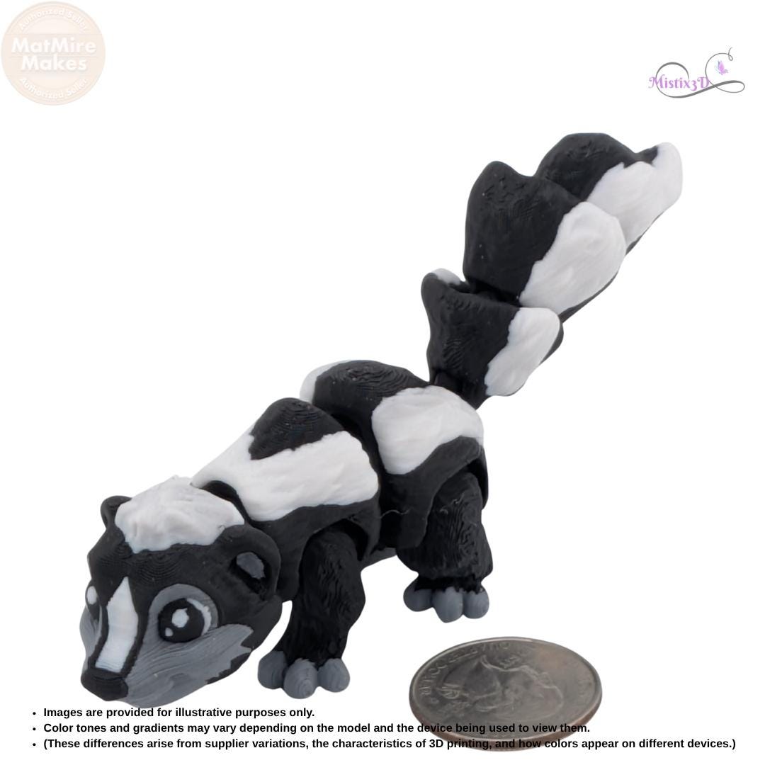 Articulated 3D Printed Skunk Figurine, Posable Animal Toy, Black and White
