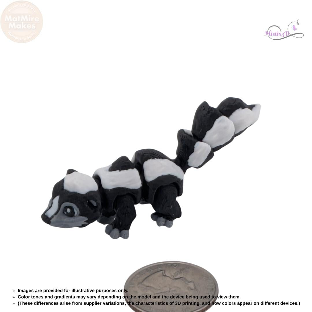 Articulated 3D Printed Skunk Figurine, Posable Animal Toy, Black and White