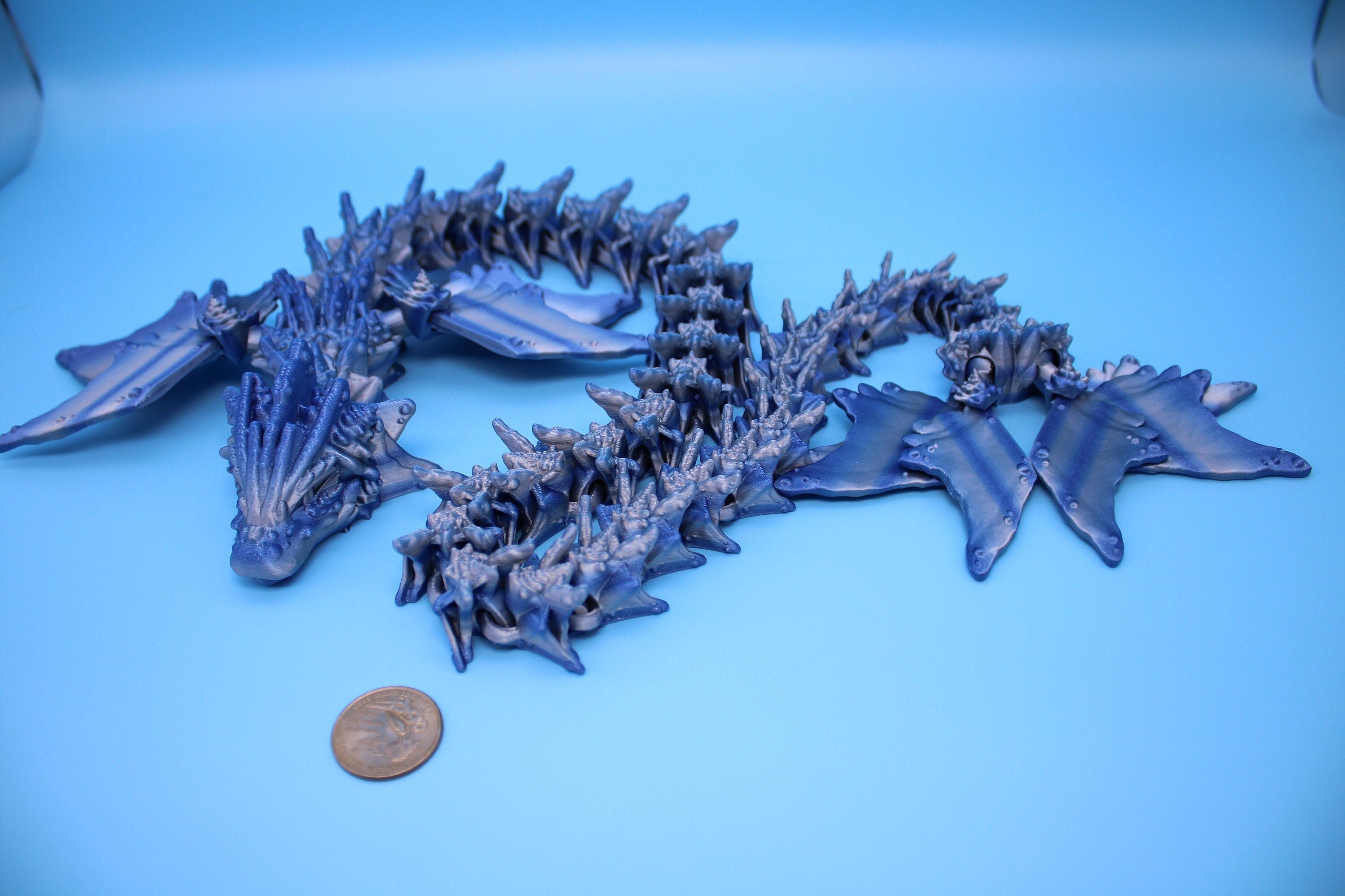 Blue / Silver Ocean Dragon | Articulating Dragon | 3D Printed Fidget | Flexi Toy | Adult Fidget Toy | Sensory Desk Toy | 32 in. Serpent LONG