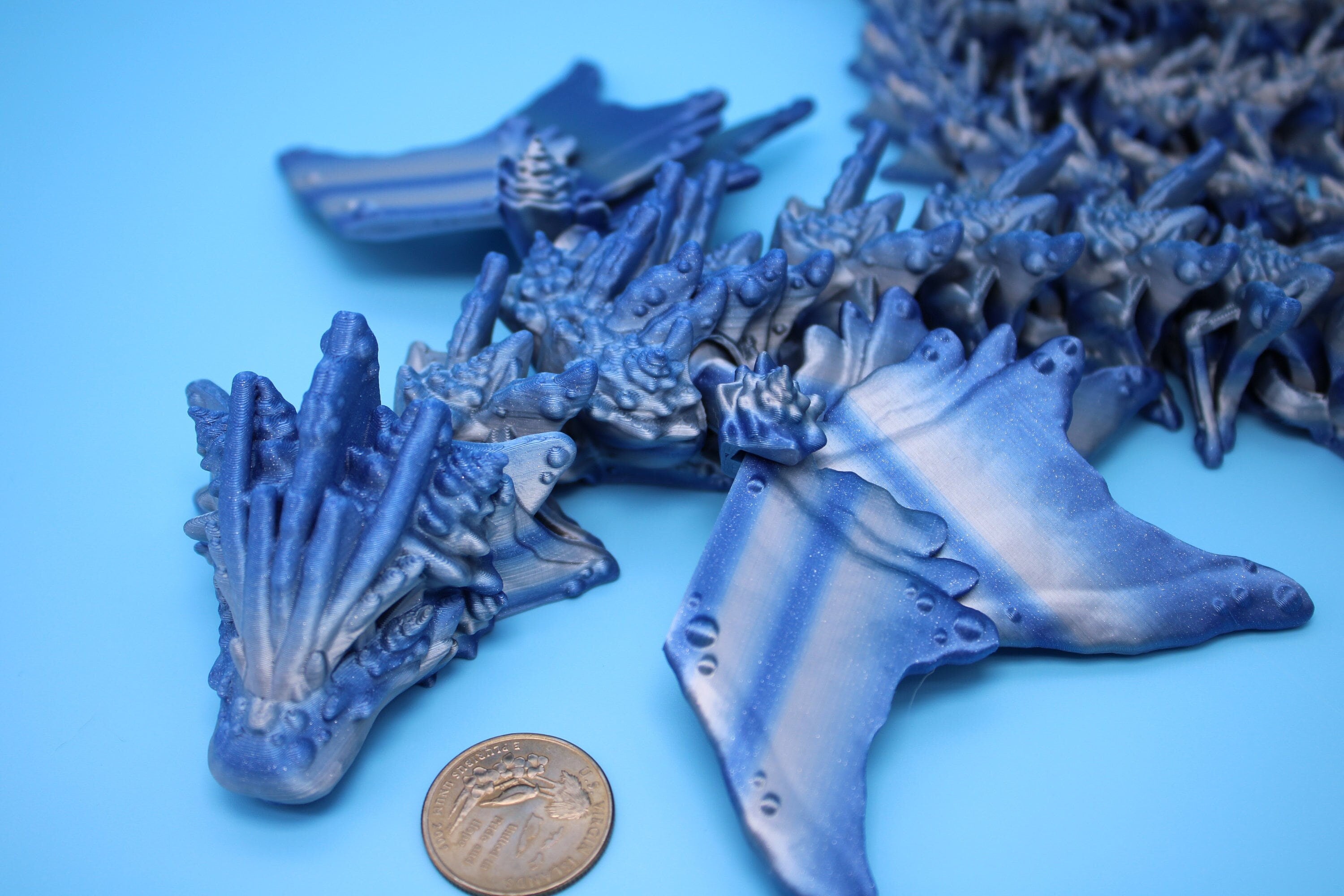 Blue / Silver Ocean Dragon | Articulating Dragon | 3D Printed Fidget | Flexi Toy | Adult Fidget Toy | Sensory Desk Toy | 32 in. Serpent LONG