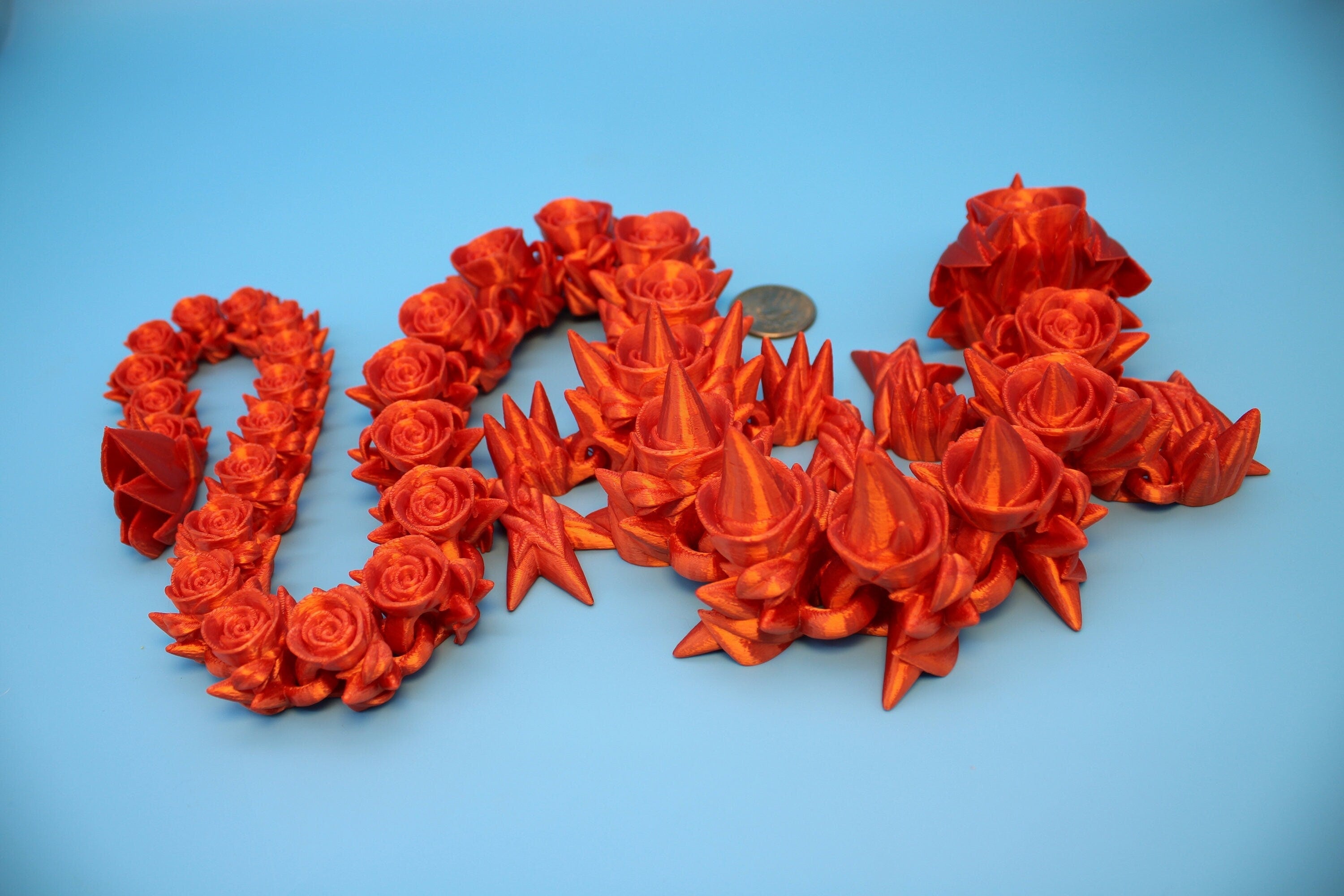 Flawed Orange Rose Articulating Dragon | 3D Printed Fidget, Adult Fidget Toy, Sensory Toy Dragon, 3d Printed Desk Toys. 29 in.