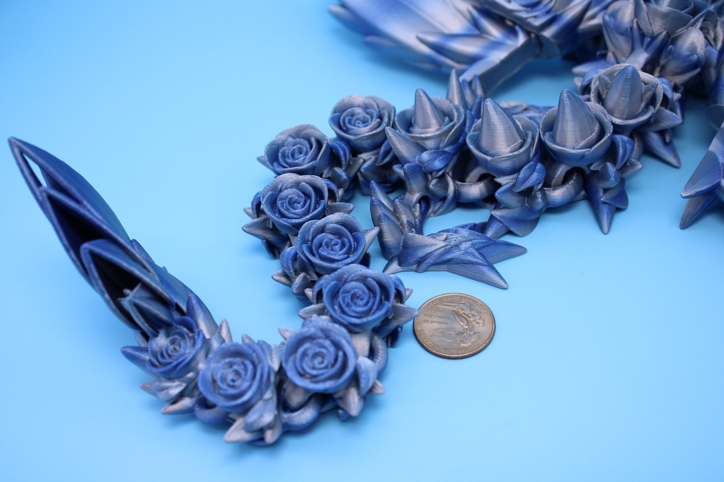 Blue / Silver Rose Wing Articulating Dragon | 3D Printed Fidget | Flexi Toy | Adult Fidget Toy | Sensory Desk Toy | 19 in. | Valentines Day