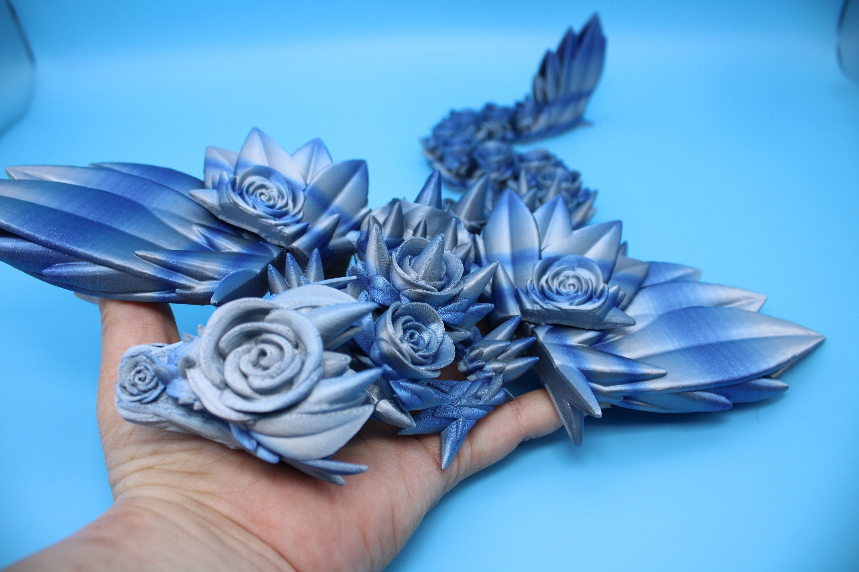 Blue / Silver Rose Wing Articulating Dragon | 3D Printed Fidget | Flexi Toy | Adult Fidget Toy | Sensory Desk Toy | 19 in. | Valentines Day