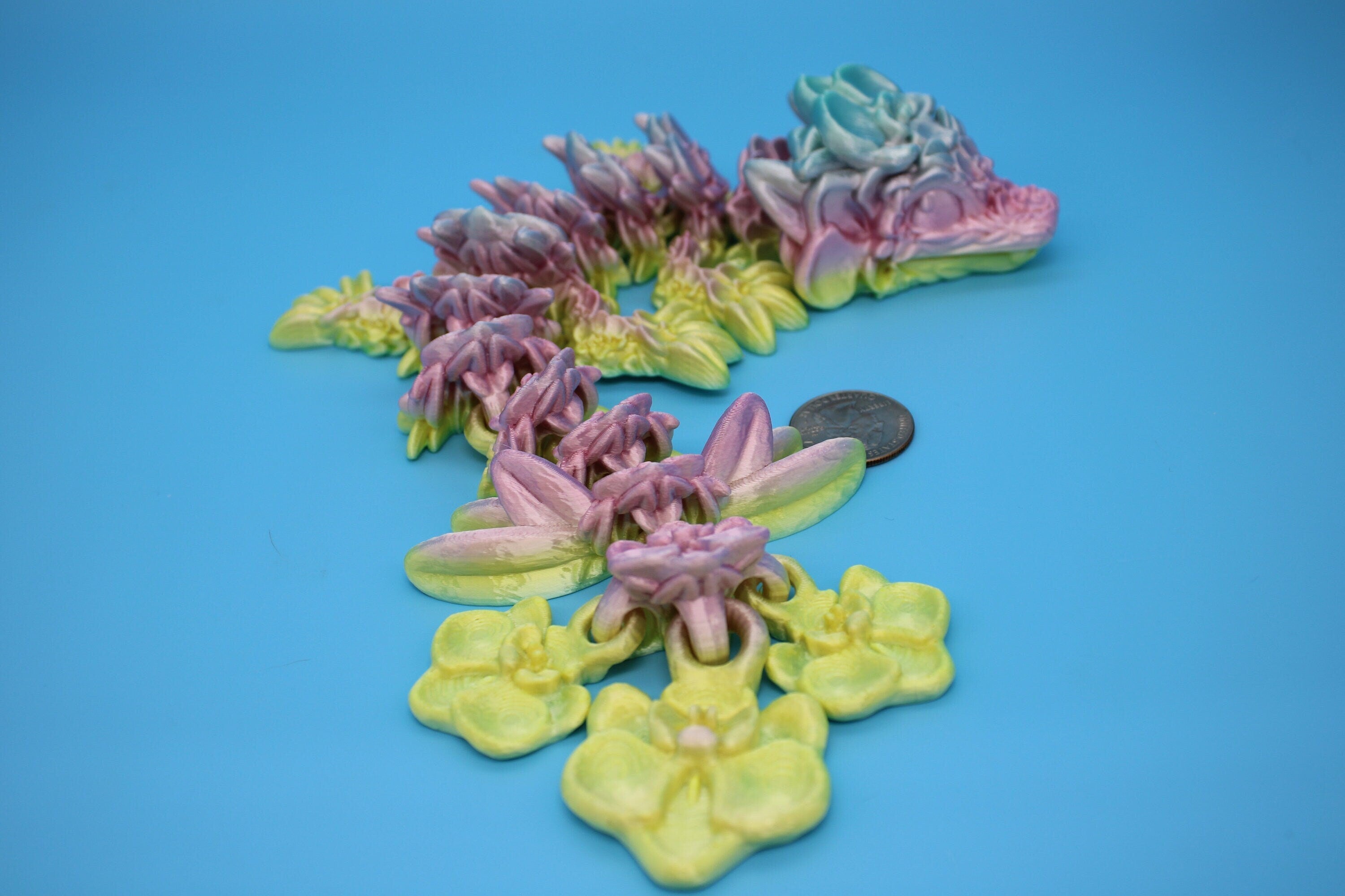 Baby Multi Color Orchid Dragon | 3D Printed Articulating Dragon | Flexi Toy | Adult Fidget Toy | Dragon Buddy ready for you! 12.5 inch.
