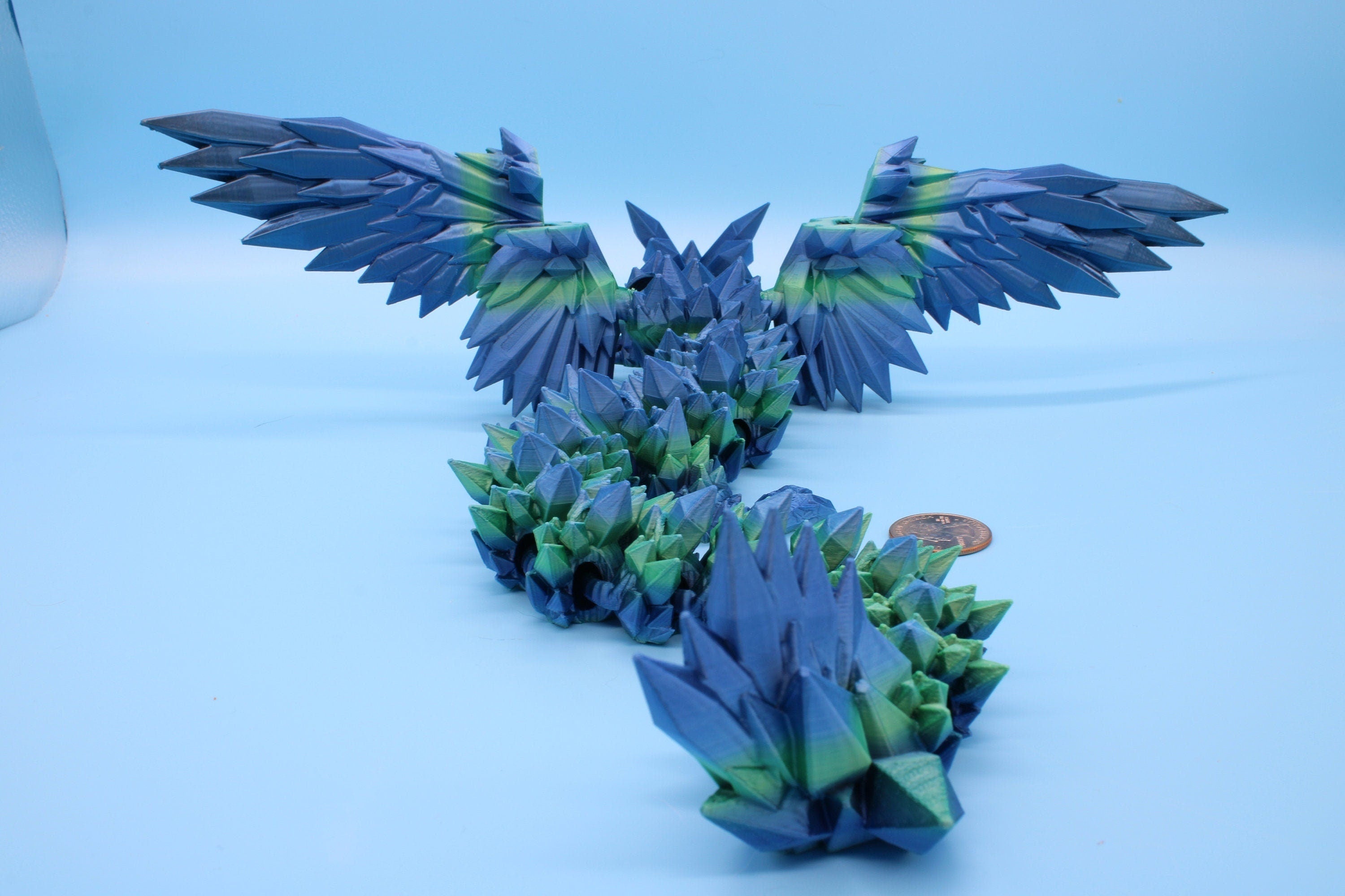 Flawed Blue / Green Crystal Winged Dragon. Crystal Wing Dragon 3D printed articulating dragon. flexi Toy, 18 in. Stress Relief, Gift.