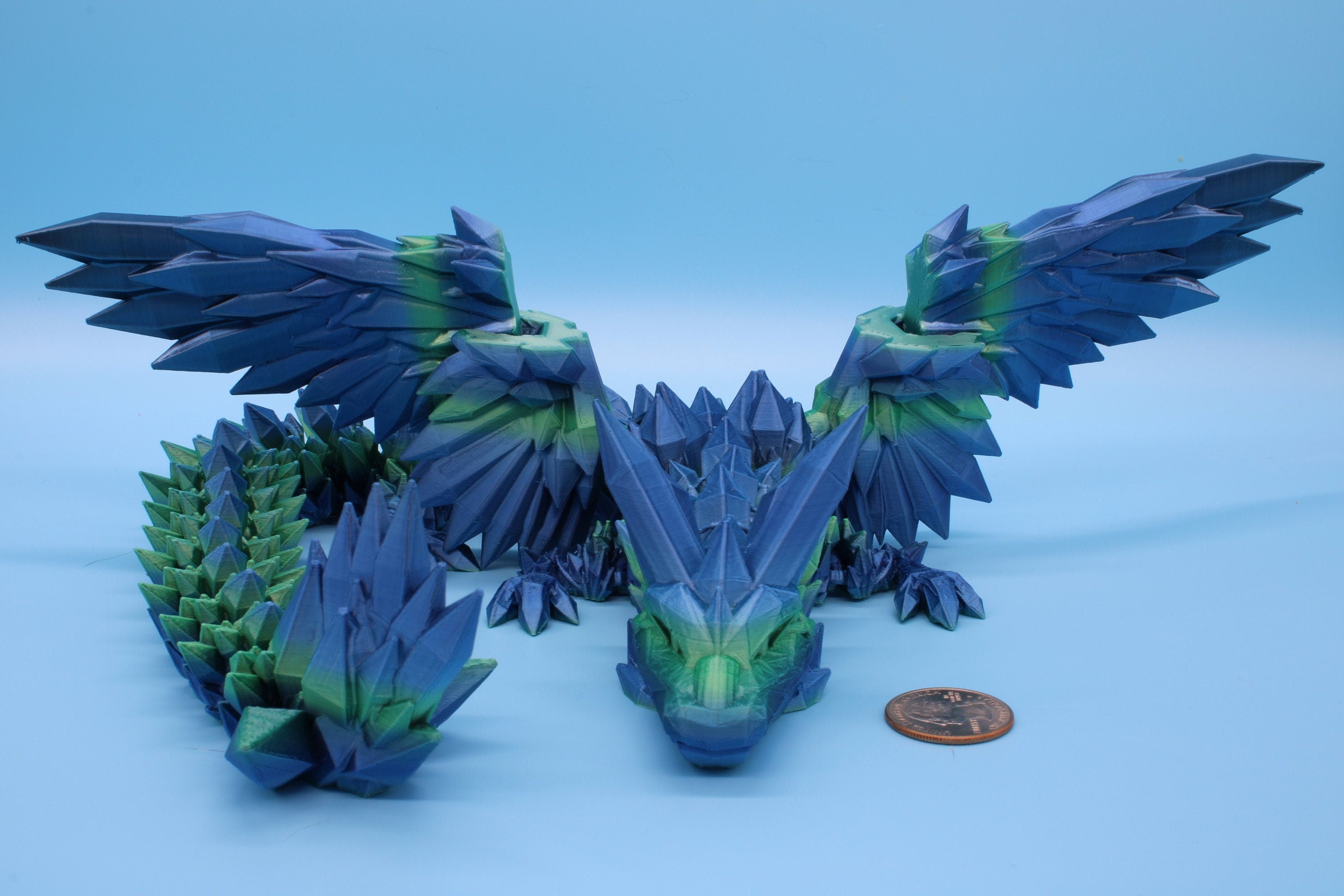 Flawed Blue / Green Crystal Winged Dragon. Crystal Wing Dragon 3D printed articulating dragon. flexi Toy, 18 in. Stress Relief, Gift.