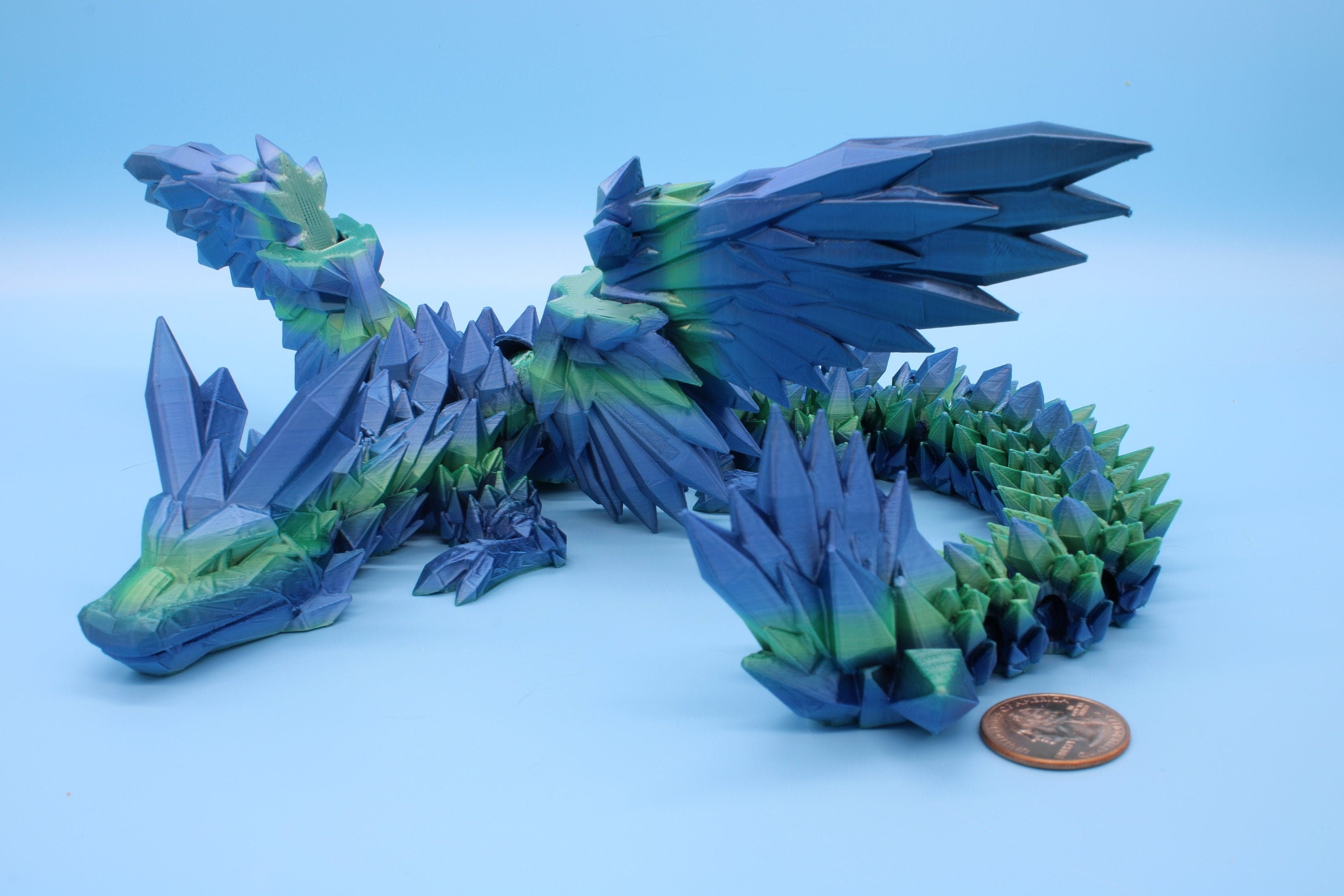 Flawed Blue / Green Crystal Winged Dragon. Crystal Wing Dragon 3D printed articulating dragon. flexi Toy, 18 in. Stress Relief, Gift.