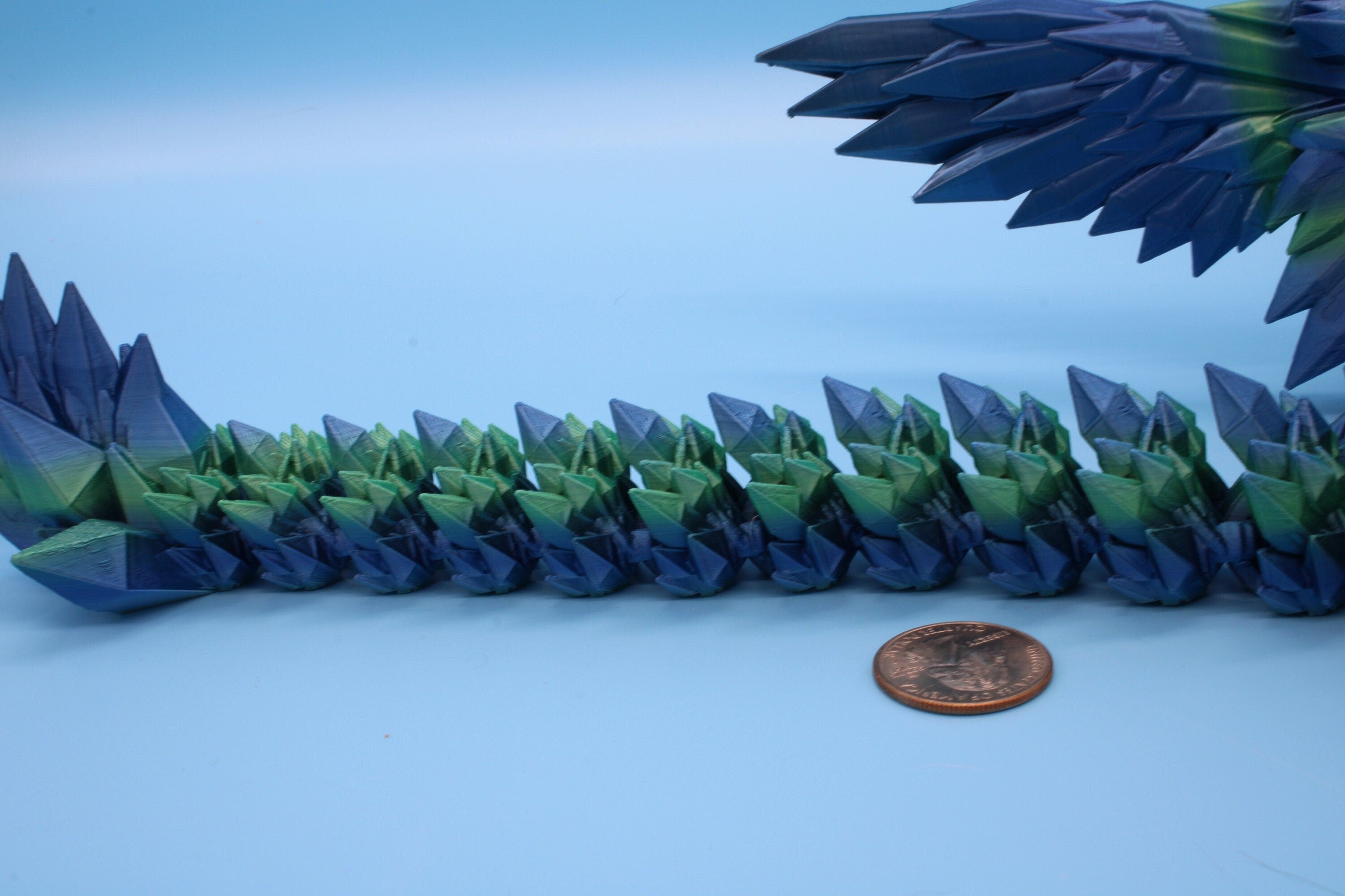 Flawed Blue / Green Crystal Winged Dragon. Crystal Wing Dragon 3D printed articulating dragon. flexi Toy, 18 in. Stress Relief, Gift.