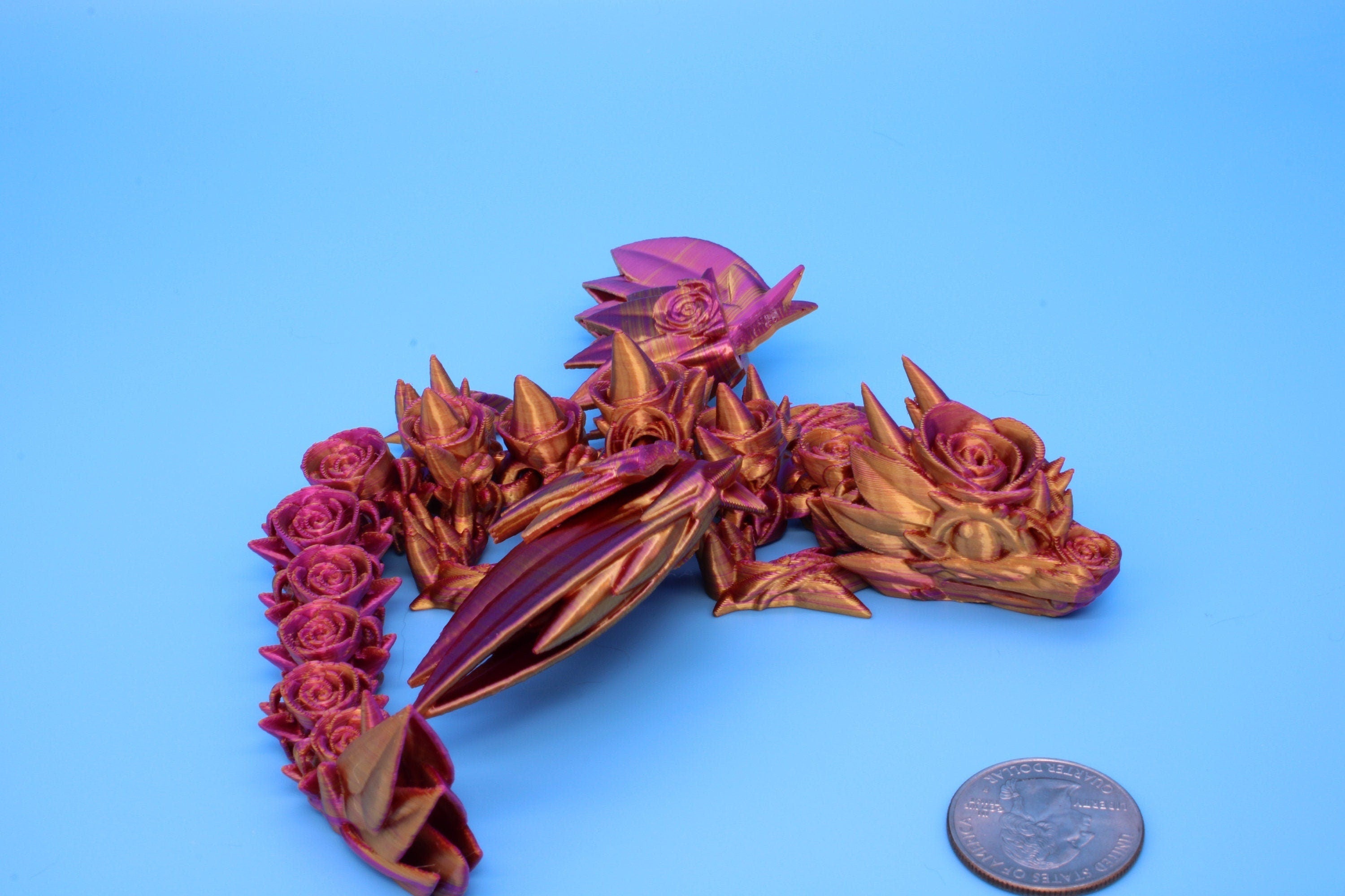 Miniature Baby Rose Wing Dragon | Pink & Gold | 3D printed articulating Toy Fidget | Flexi Toy 8.5 in. head to tail | Stress Relief Gift