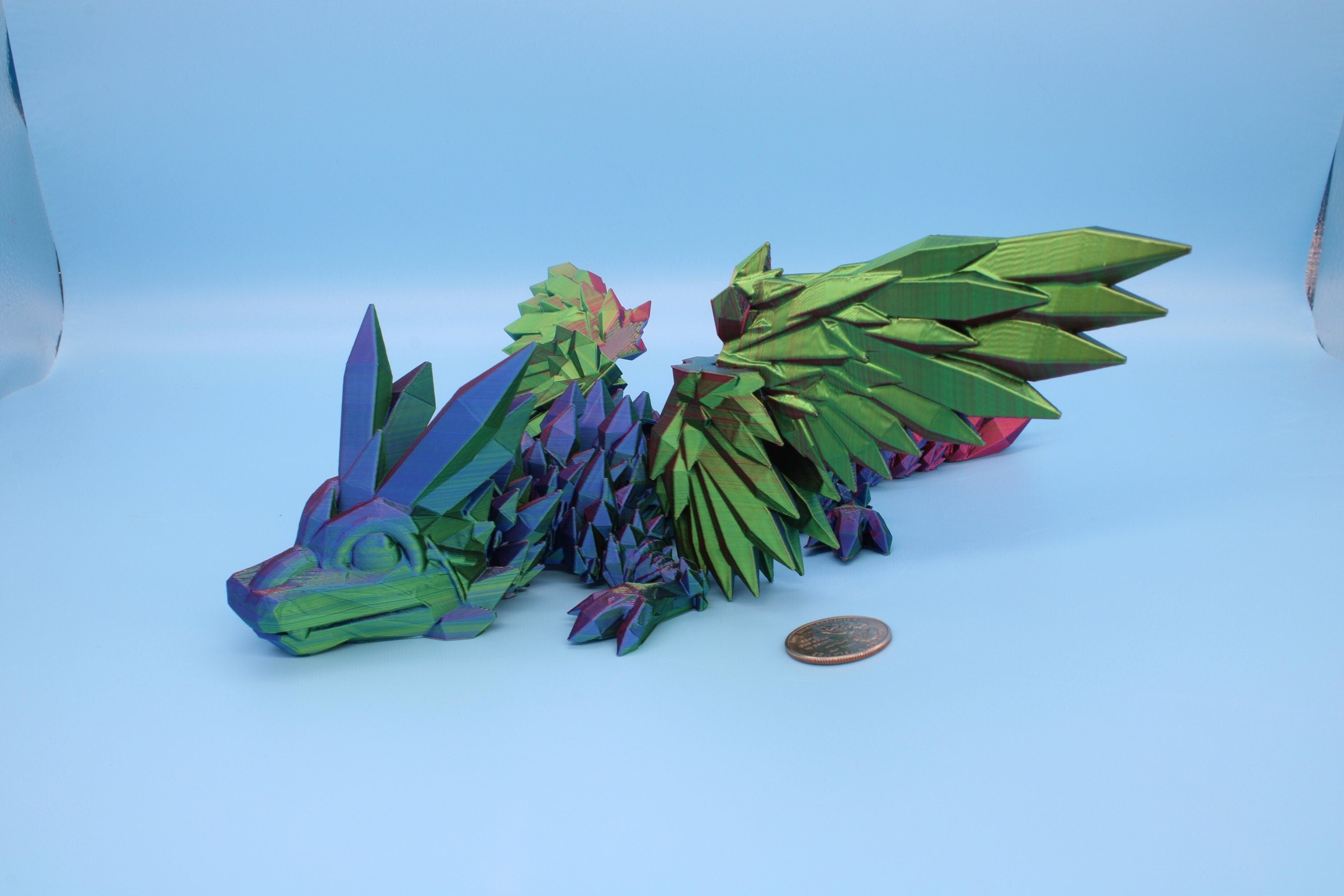 Multi Color, Rainbow Baby Crystal Winged Dragon. 3D printed articulating dragon Fidget, Flexi, Toy 11.5 in. Stress Relief, Gift.
