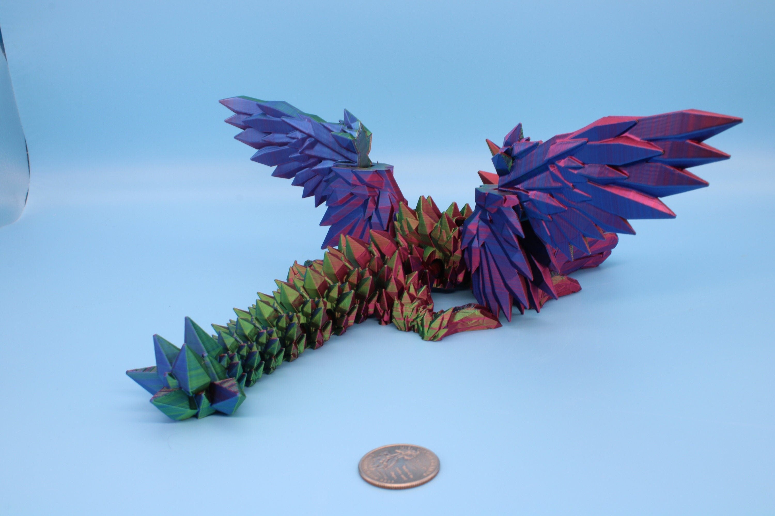 Multi Color, Rainbow Baby Crystal Winged Dragon. 3D printed articulating dragon Fidget, Flexi, Toy 11.5 in. Stress Relief, Gift.