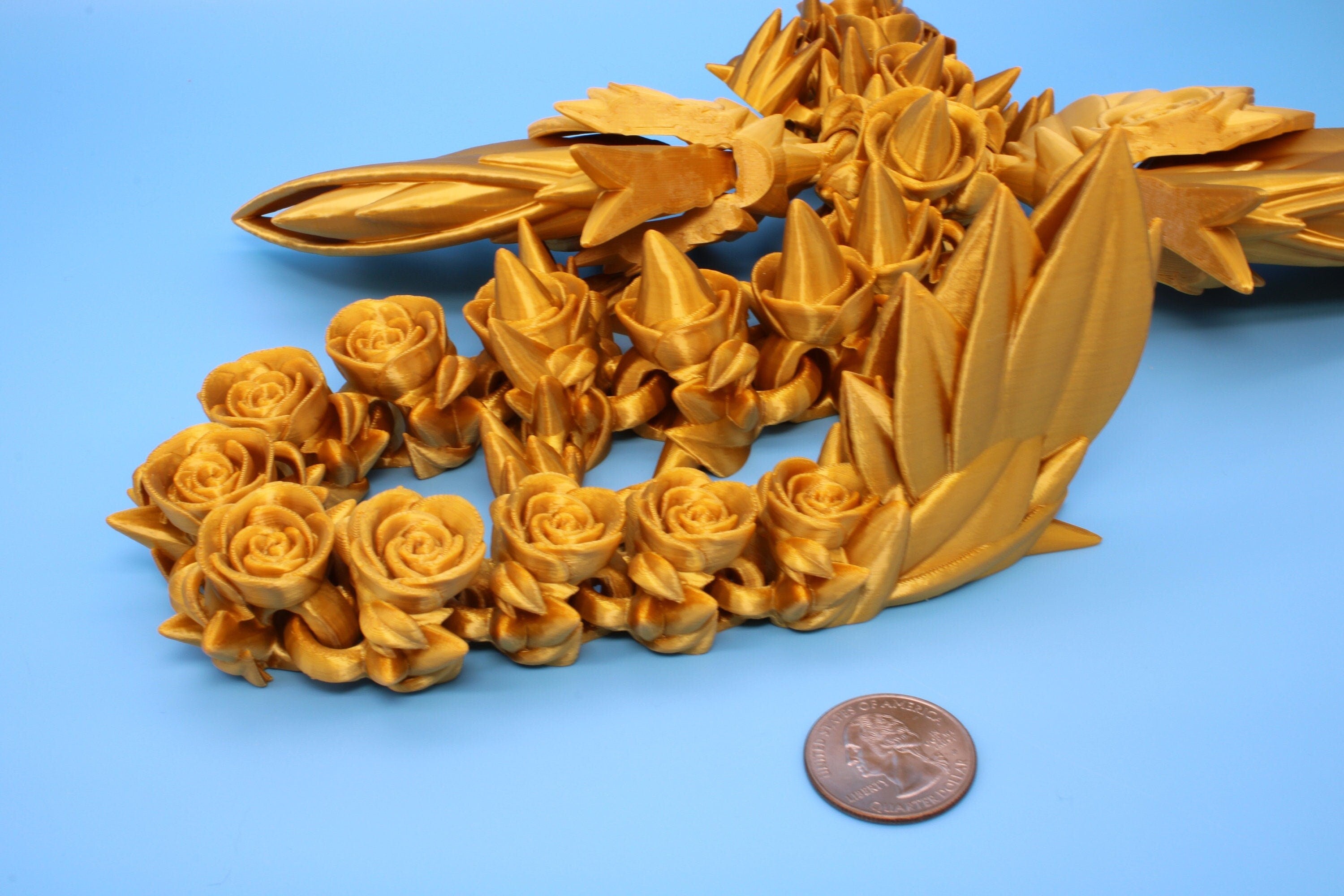 Gold Rose Wing Articulating Dragon | 3D Printed Fidget | Flexi Toy | Adult Fidget Toy | Sensory Desk Toy | 19 in. | Valentines Day