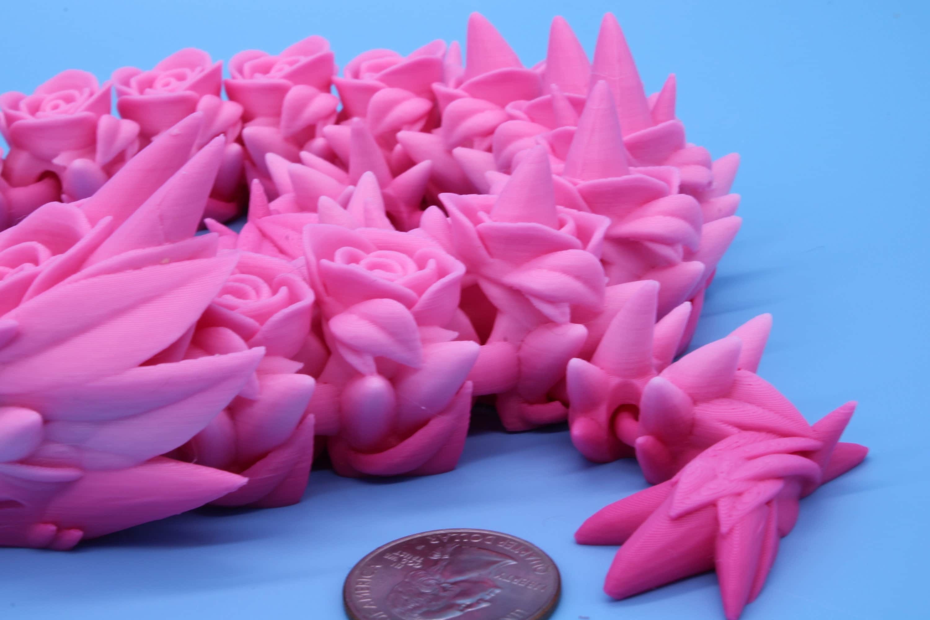 Pink Rose Articulating Dragon | 3D Printed Fidget, Flexi Toy, Adult Fidget Toy, Sensory Toy Dragon, 3d Printed Desk Toys. 21 in. Valentines