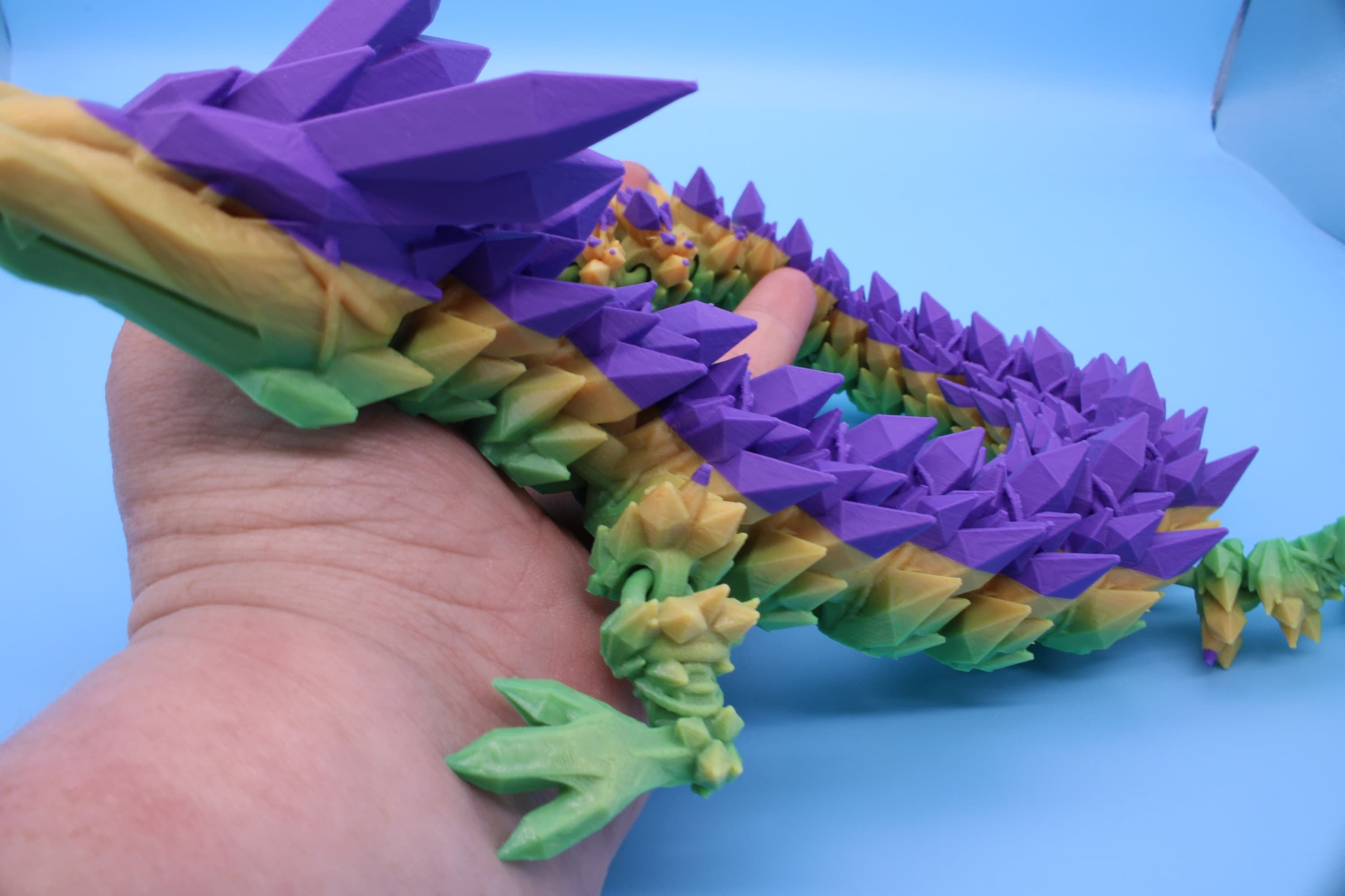 Purple, Yellow, Green Crystal Dragon | 3D Printed Articulating Dragon | Flexi Toy | Adult Fidget Toy | Dragon Buddy ready for you! 24 inch.