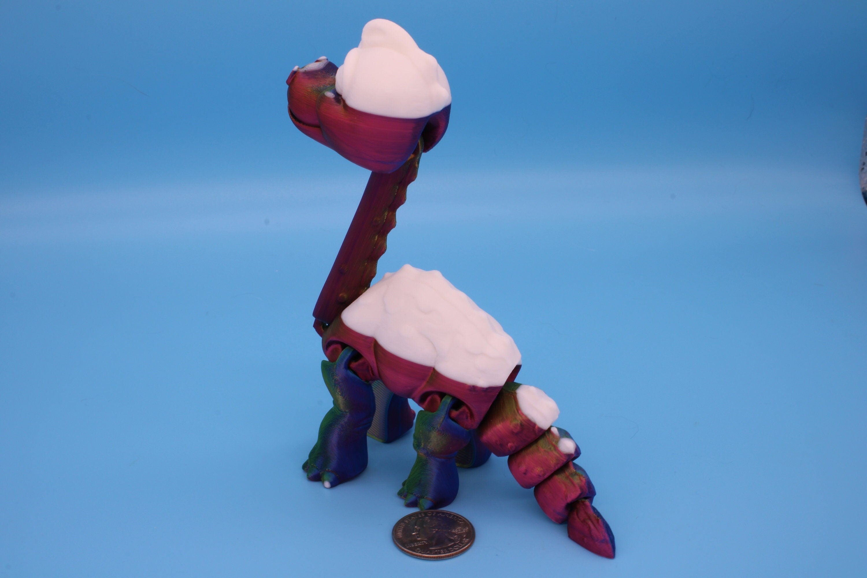 Rainbow / White Brachiosaurus. | Cute Flexi Articulating Dinosaur. | 3D printed unique dino. | Great fidget toy, buddy, desk art / toy 9 in.
