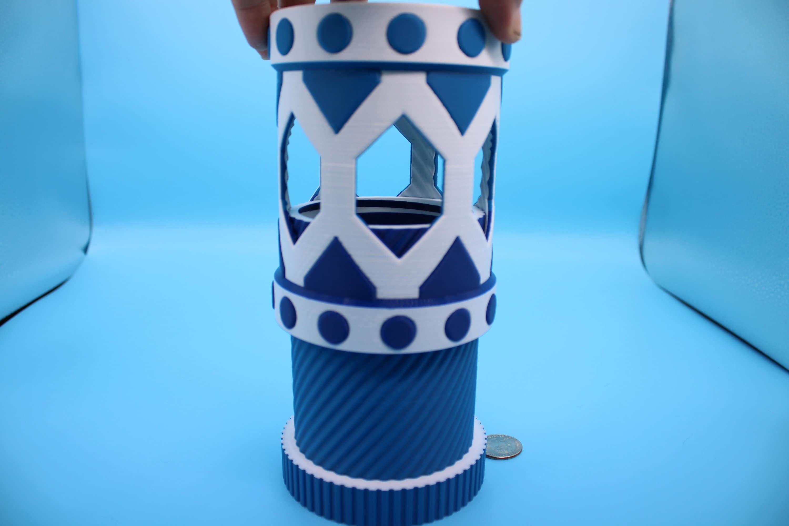 Twist to lock storage container. Multi Blue and White. 3D Printed. Stash your favorite trinkets, cash, and more., Looks Amazing on display.