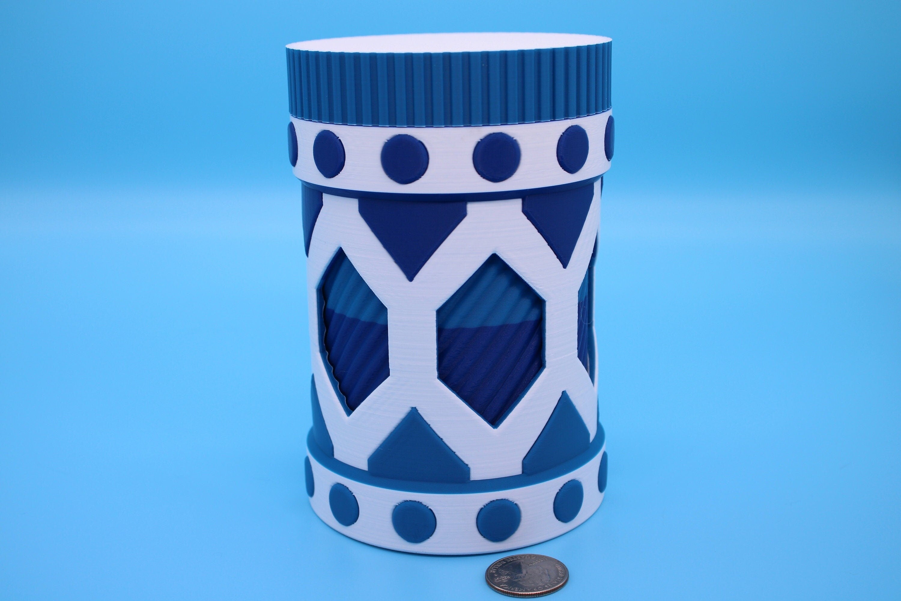 Twist to lock storage container. Multi Blue and White. 3D Printed. Stash your favorite trinkets, cash, and more., Looks Amazing on display.