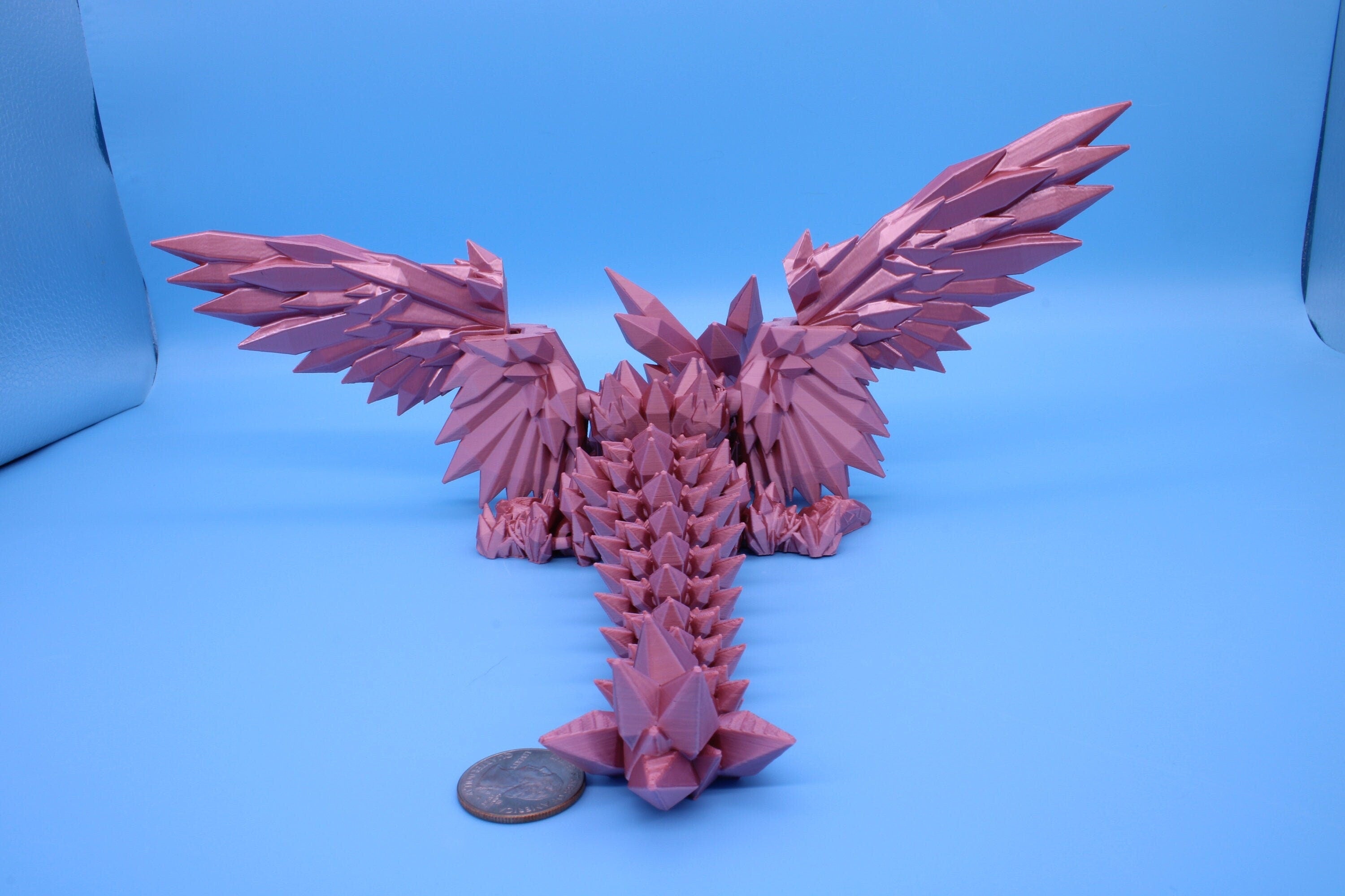 Rose Gold / Pink Baby Crystal Winged Dragon | 3D printed articulating | Fidget Toy | Flexi Toy | 11.5 in. | Stress Relief | Dragon Gift.