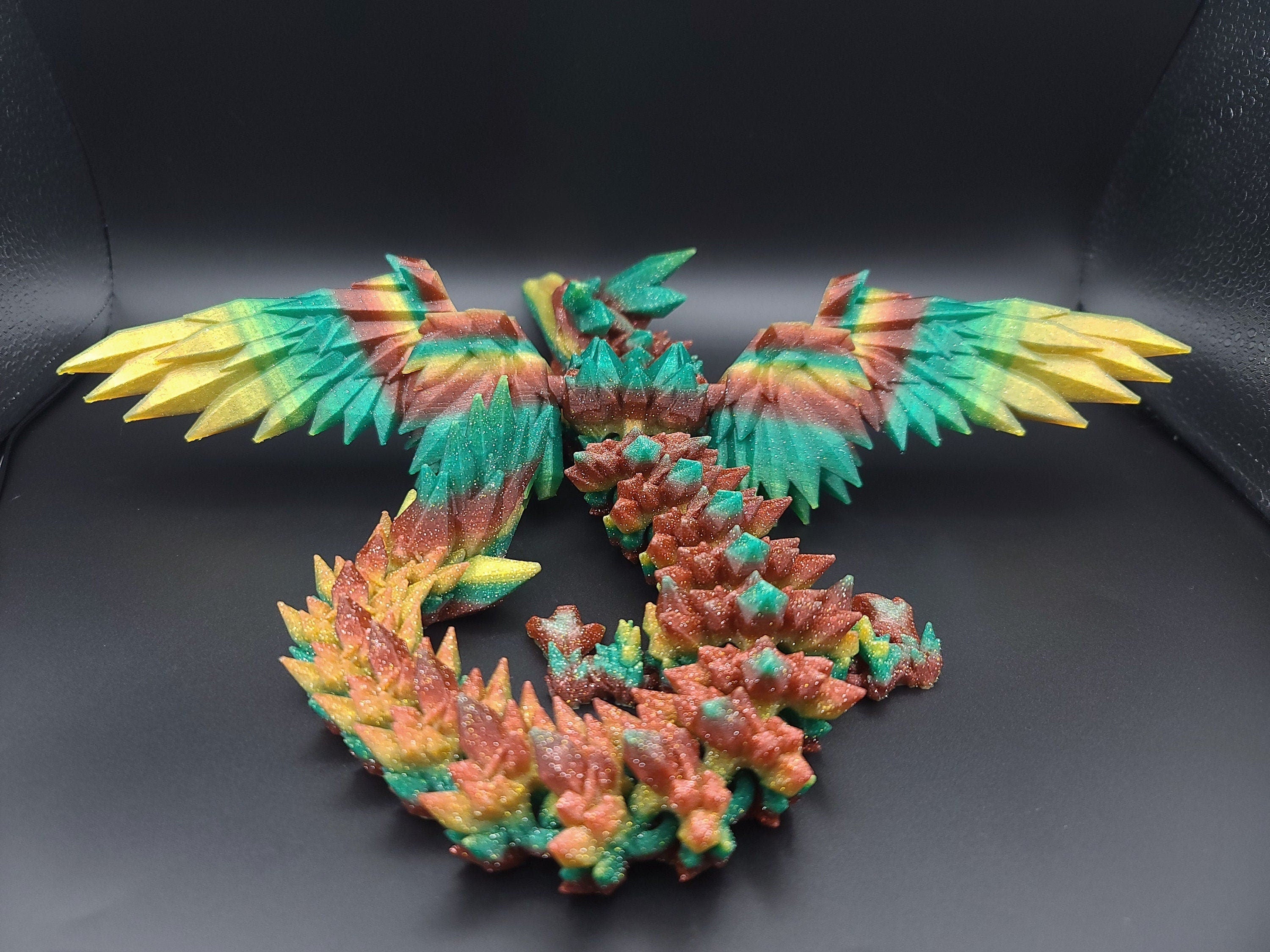 Rainbow Sparkle Crystal Winged Dragon. Crystal Wing Dragon 3D printed articulating dragon. flexi Toy, 18 in. Stress Relief, Gift.