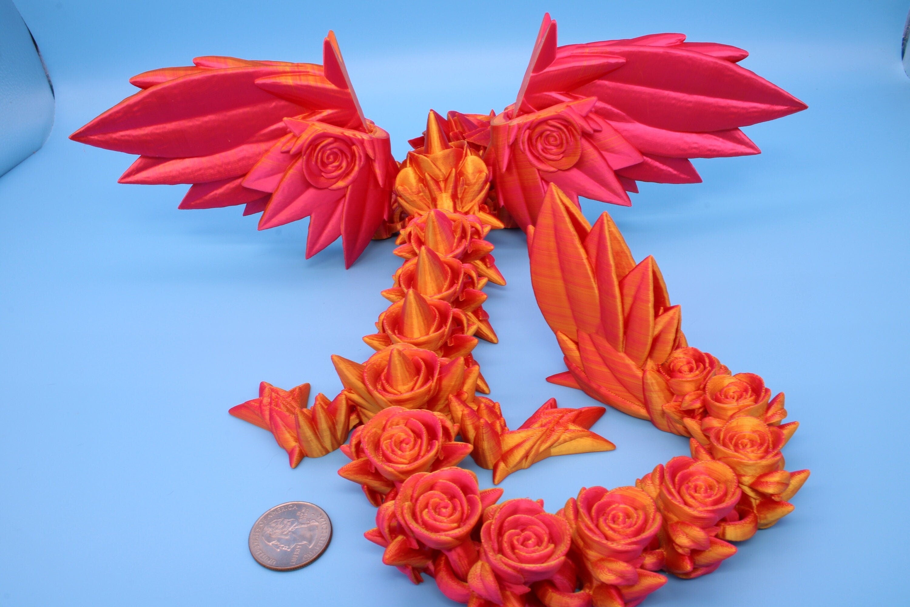 Pink & Gold Rose Wing Articulating Dragon | 3D Printed Fidget | Flexi Toy | Adult Fidget Toy | Sensory Desk Toy | 19 in. | Valentines Day