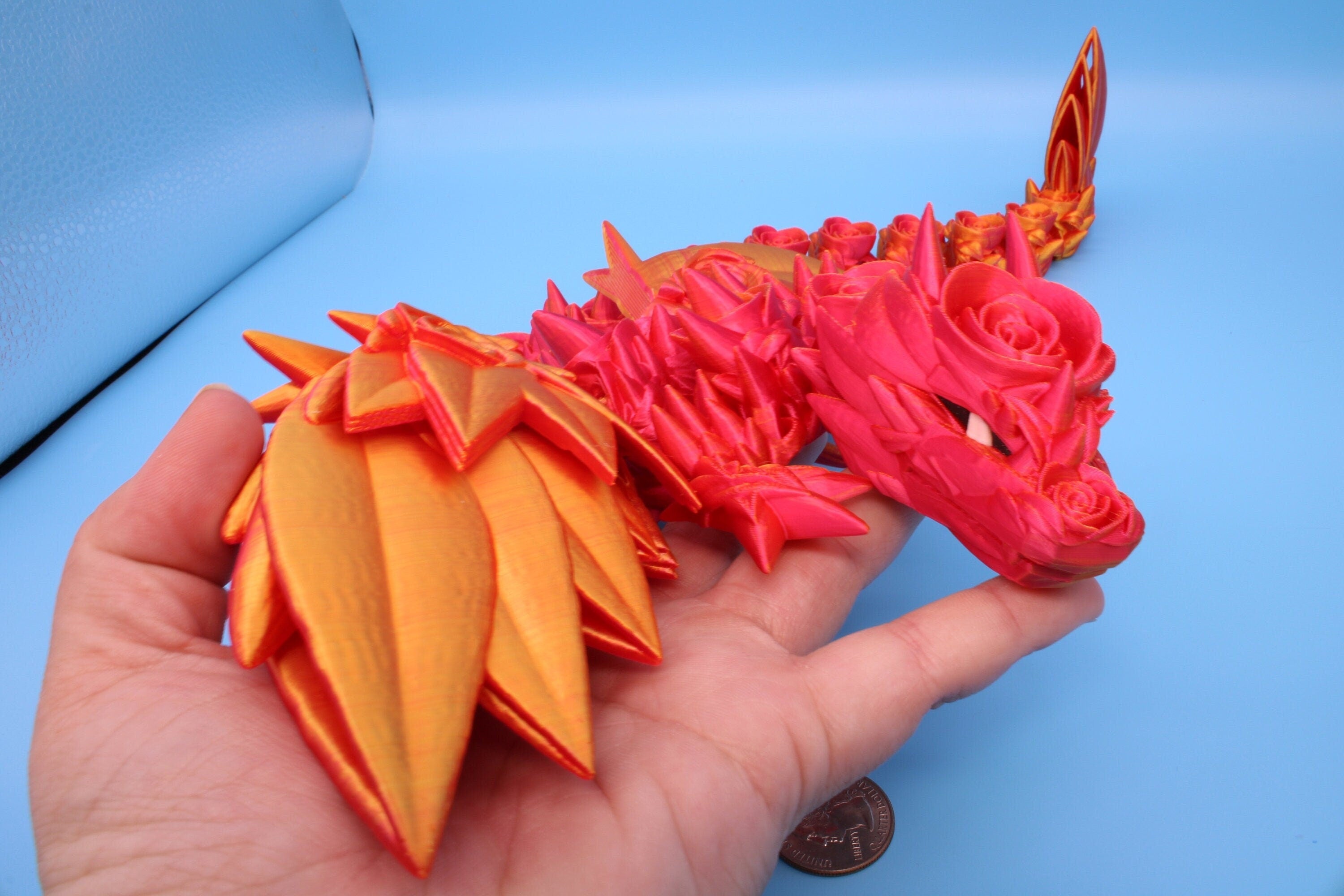 Pink & Gold Rose Wing Articulating Dragon | 3D Printed Fidget | Flexi Toy | Adult Fidget Toy | Sensory Desk Toy | 19 in. | Valentines Day